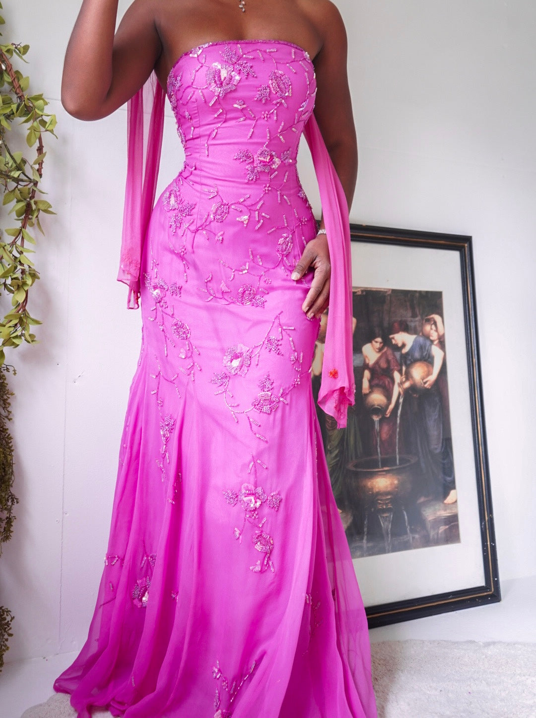 Pink Silk Chiffon Beaded Strapless Gown
