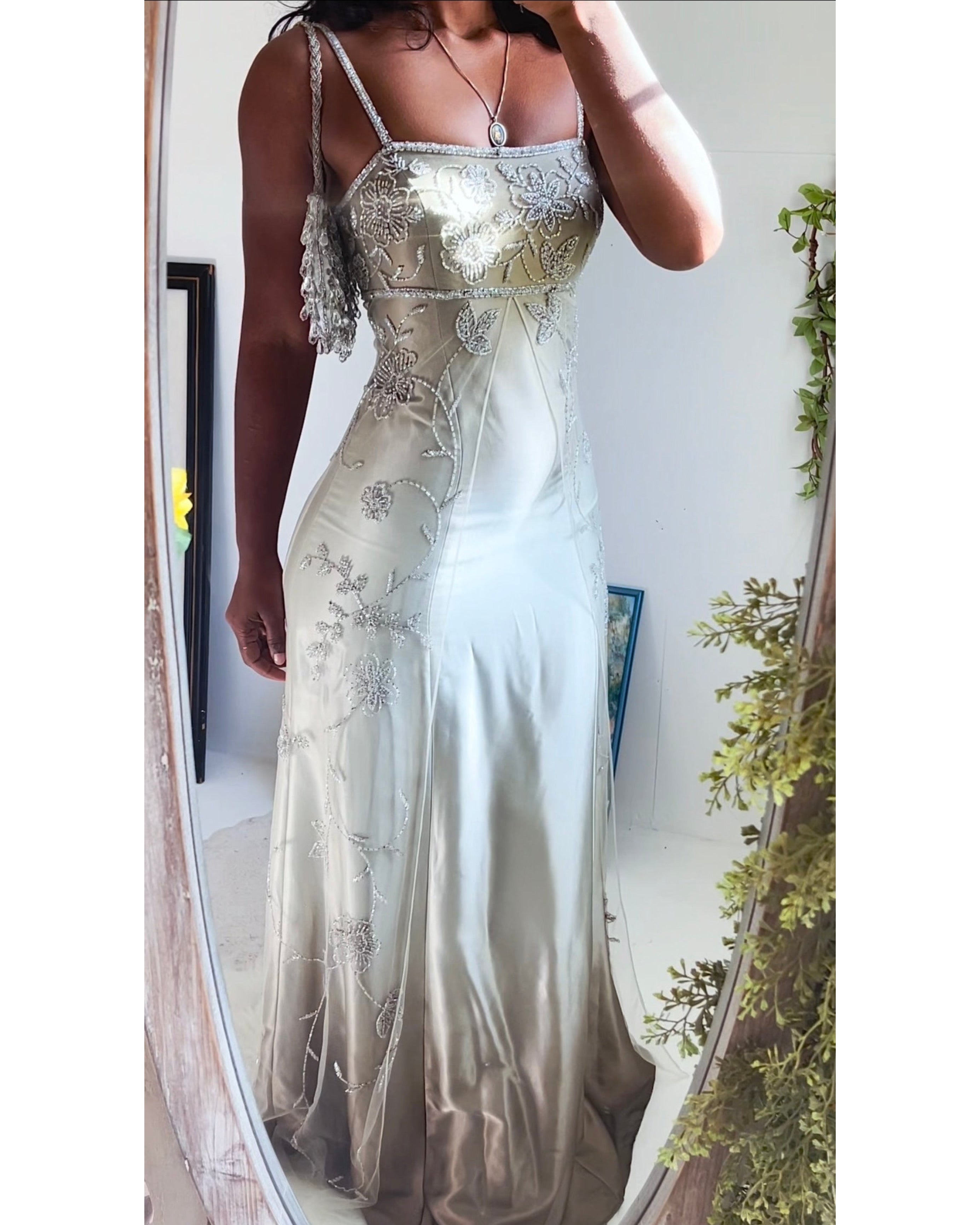 Rare Vintage Champagne Gray Beaded Split Front Gown