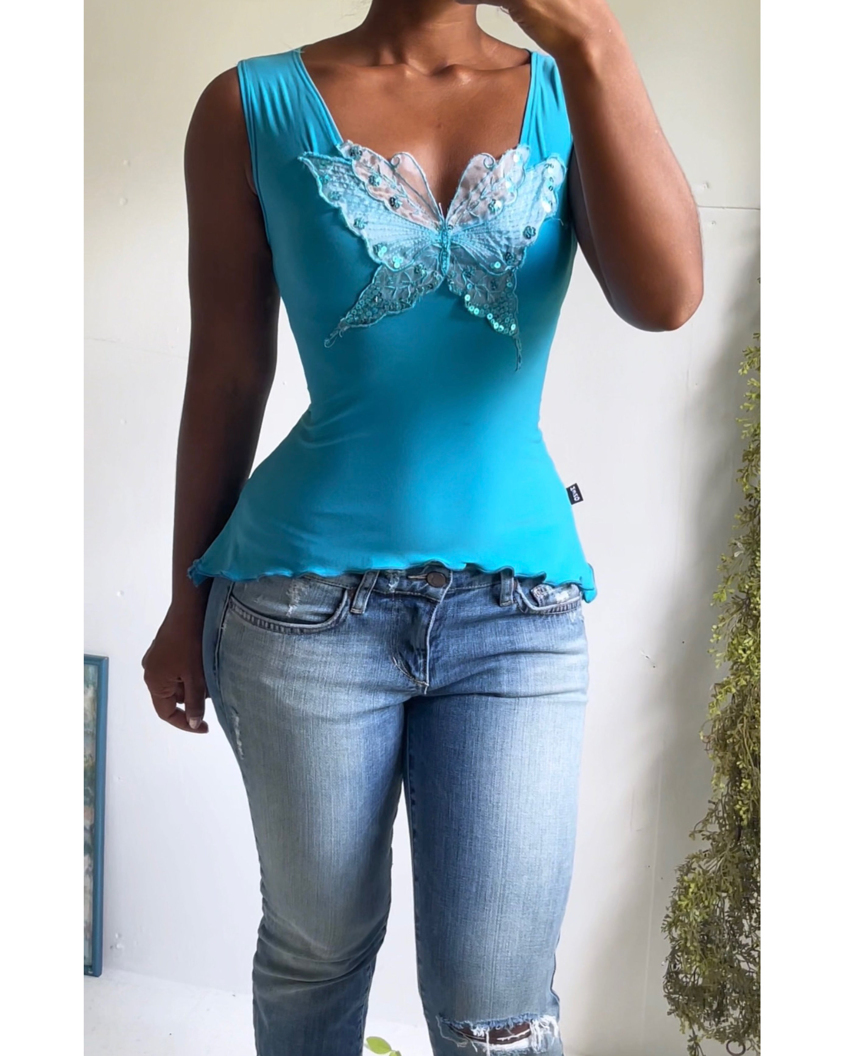 Y2K Teal Butterfly Appliqué Top
