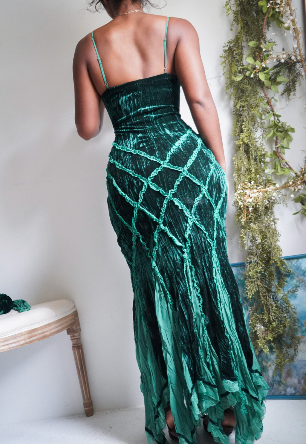 Y2K Green Crushed Velvet Forest Fairy Gown with Sleeves