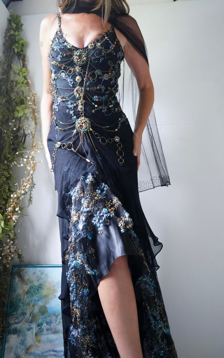 Rare Y2K Diane Freis High-Low Hem Silk Beaded Gown