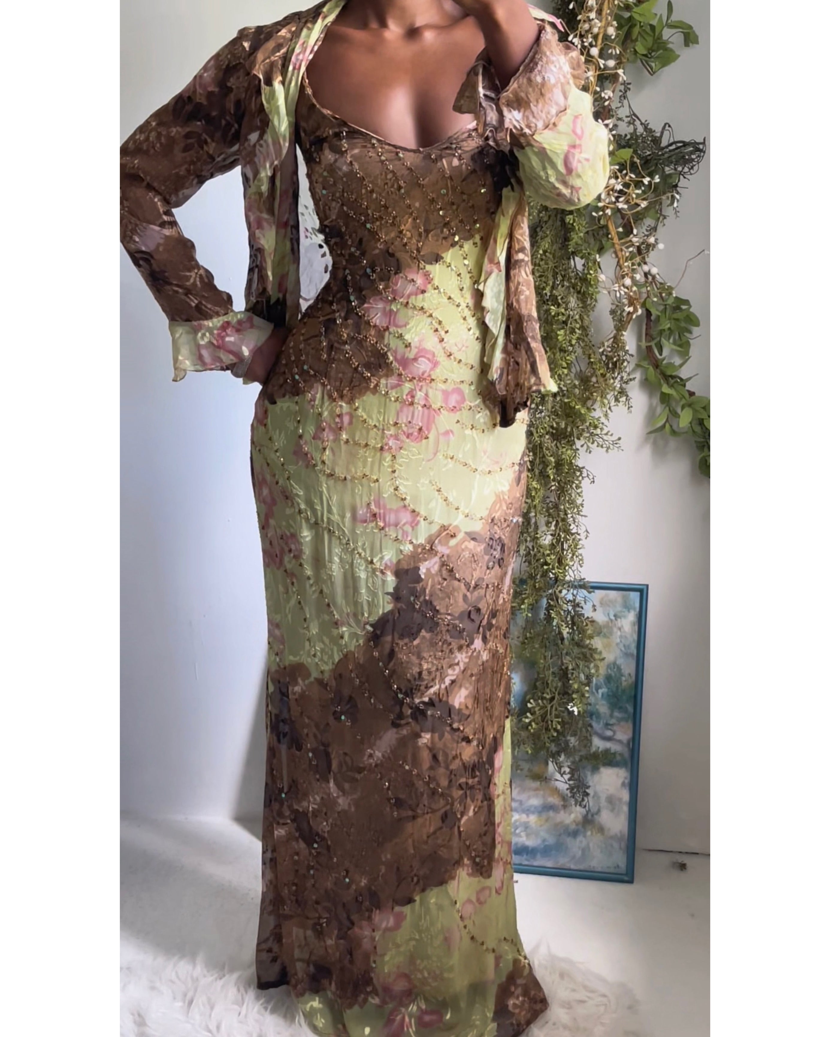 Rare Y2K Beaded Silk Gown with Scarf and Blouse