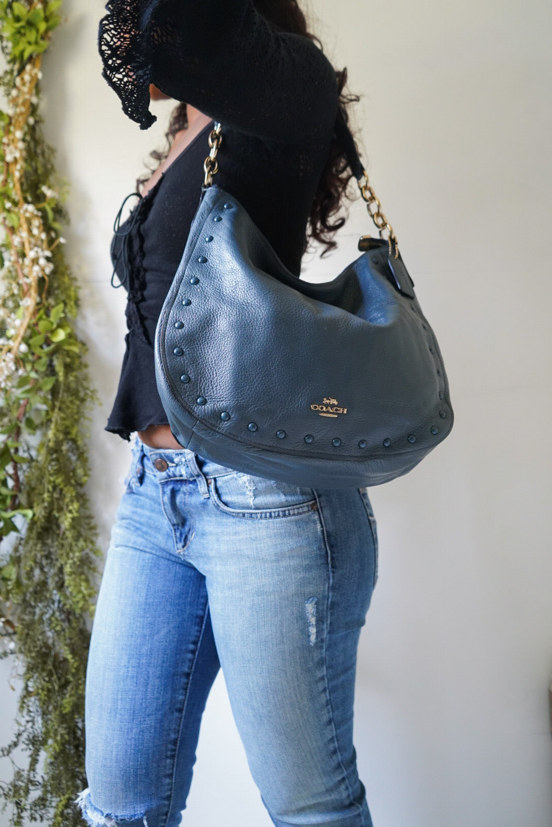 Coach Dusty Teal/Blue Pebbled Leather Hobo Bag