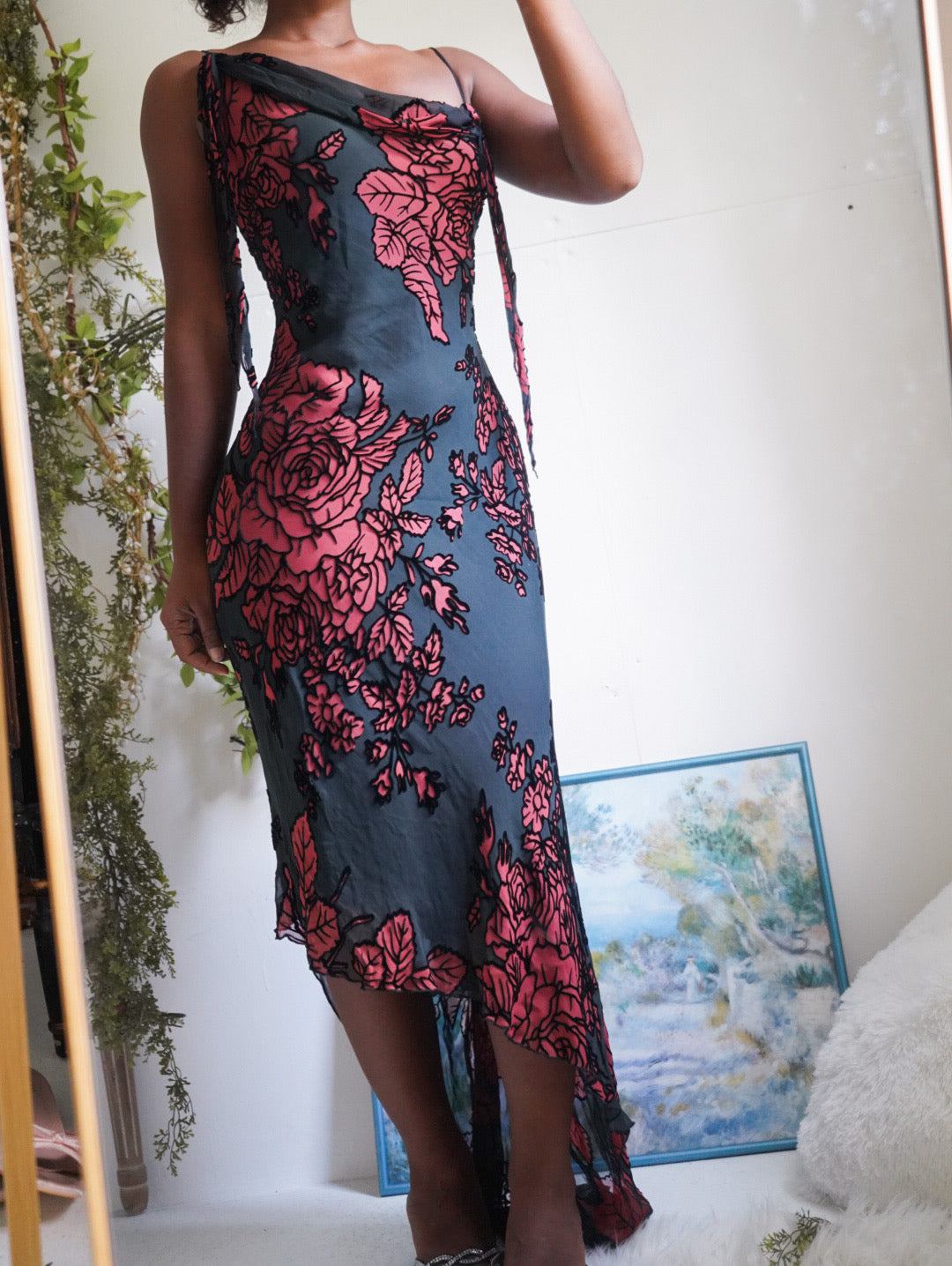 Rare Y2K Burnout Rose Silk Midi Dress