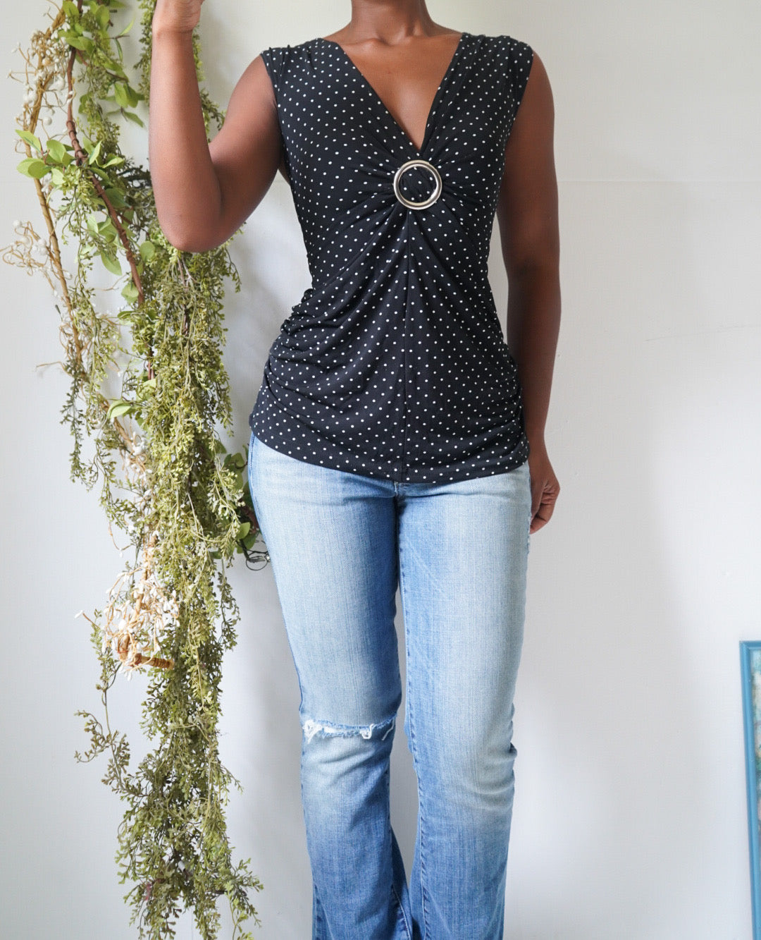 Y2K Monochrome Dot Buckle Detail Top