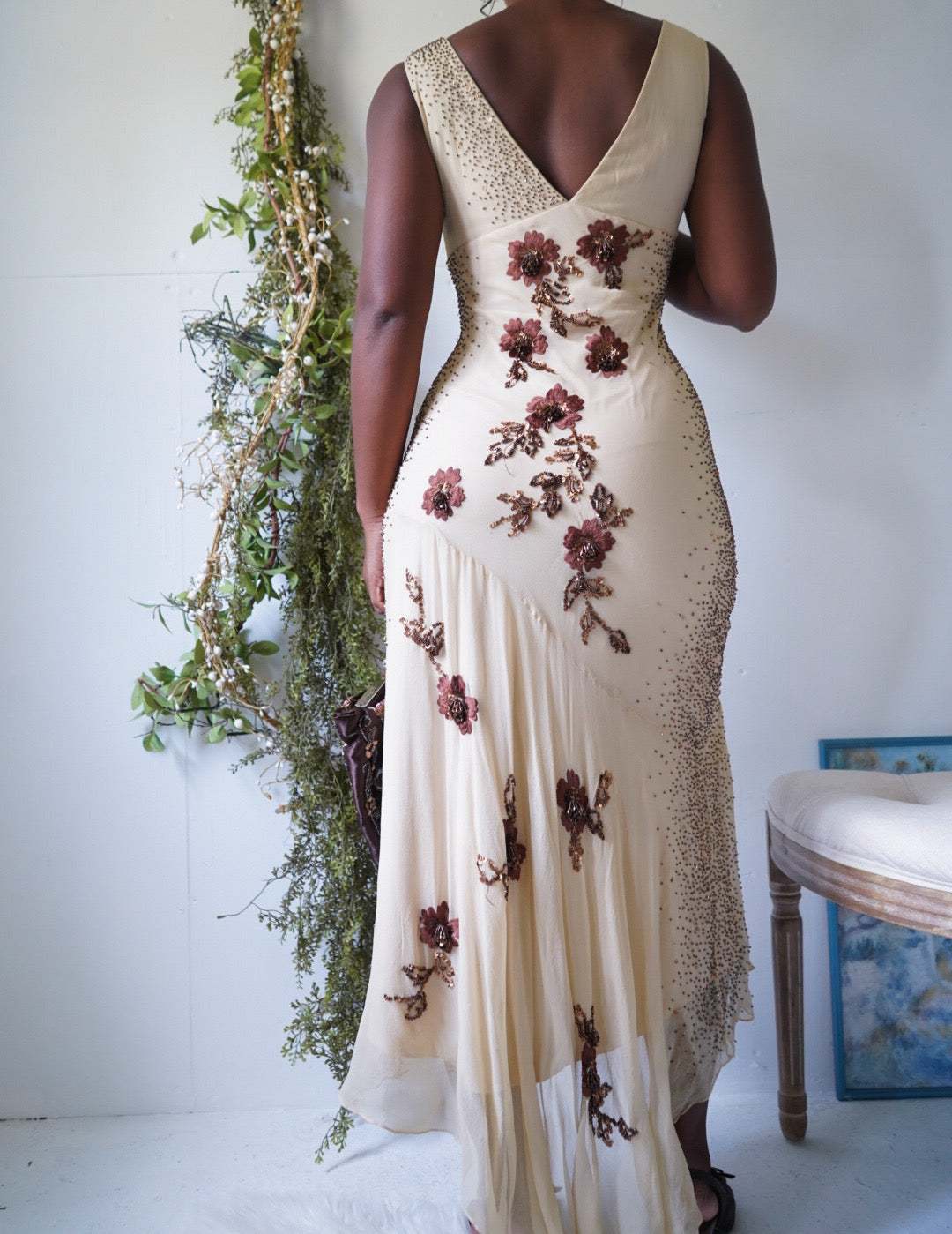 Vintage Y2K Cream and Brown Floral Beaded Dress