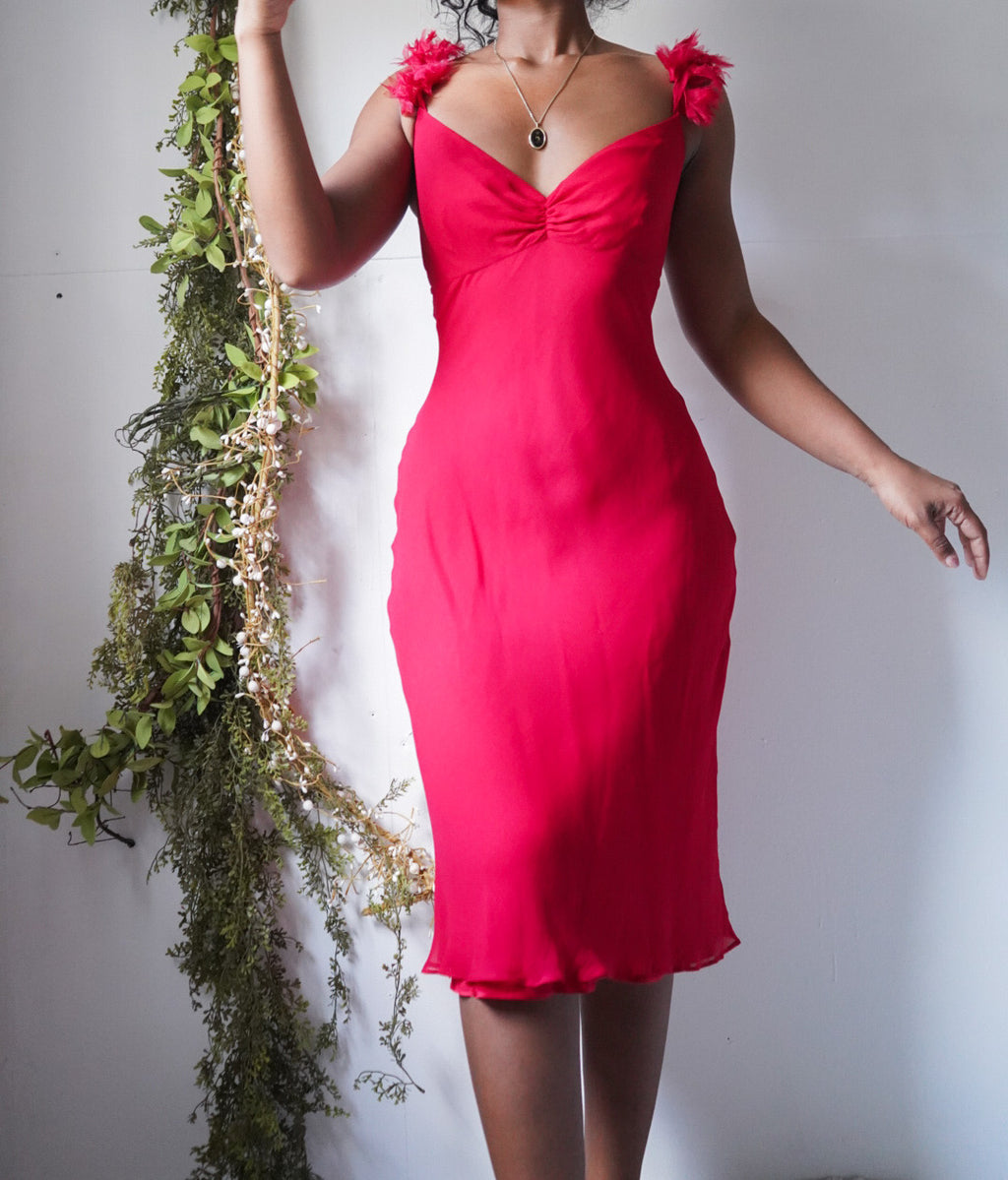 Y2K Red Silk Feather Strapless Dress