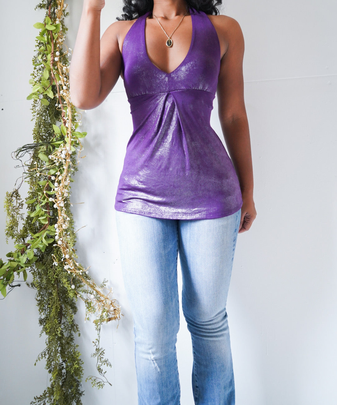 Y2K Purple Shimmer Wet Look Halter Top