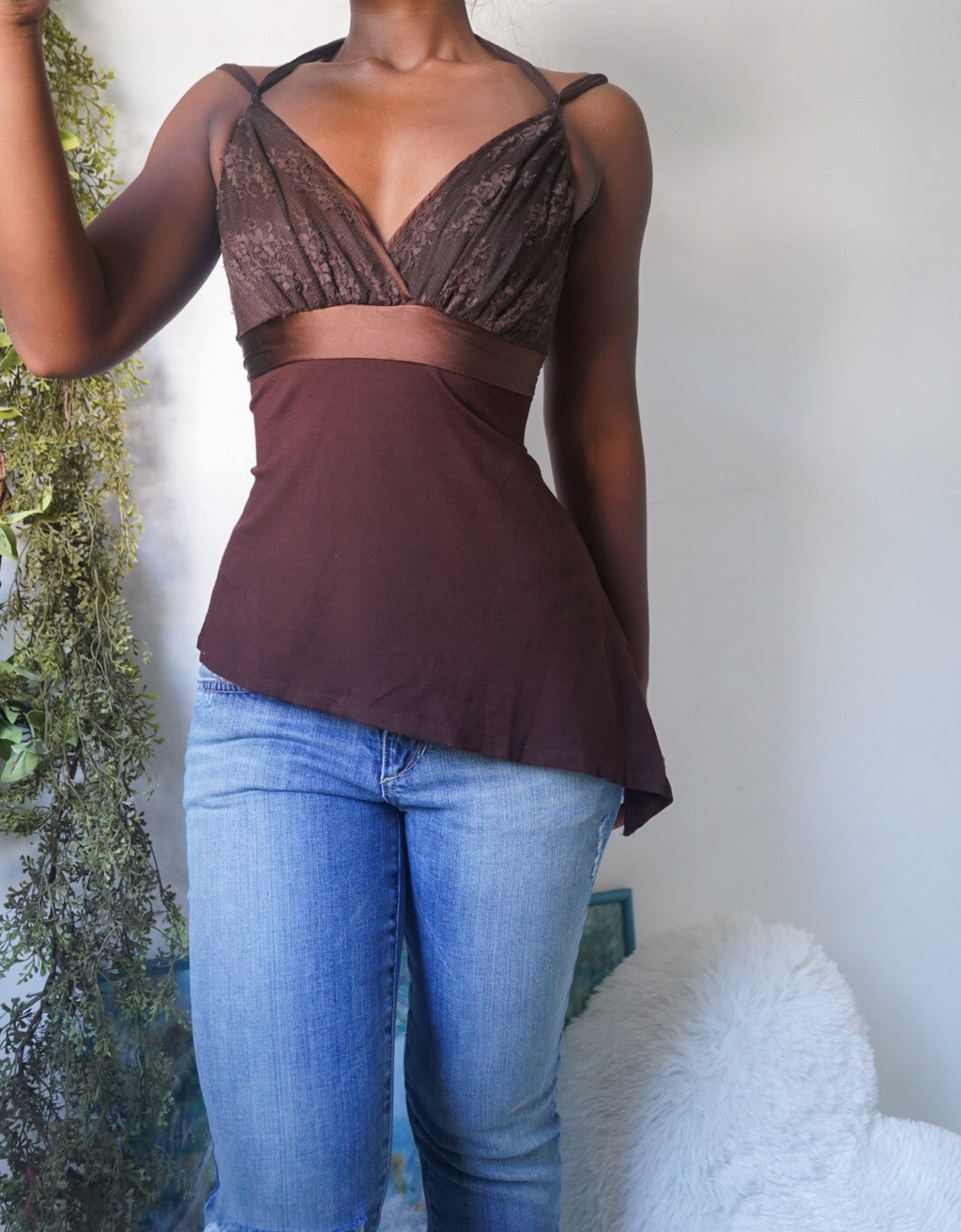 Y2K Brown Fairy Lace Detail Tie Back Top