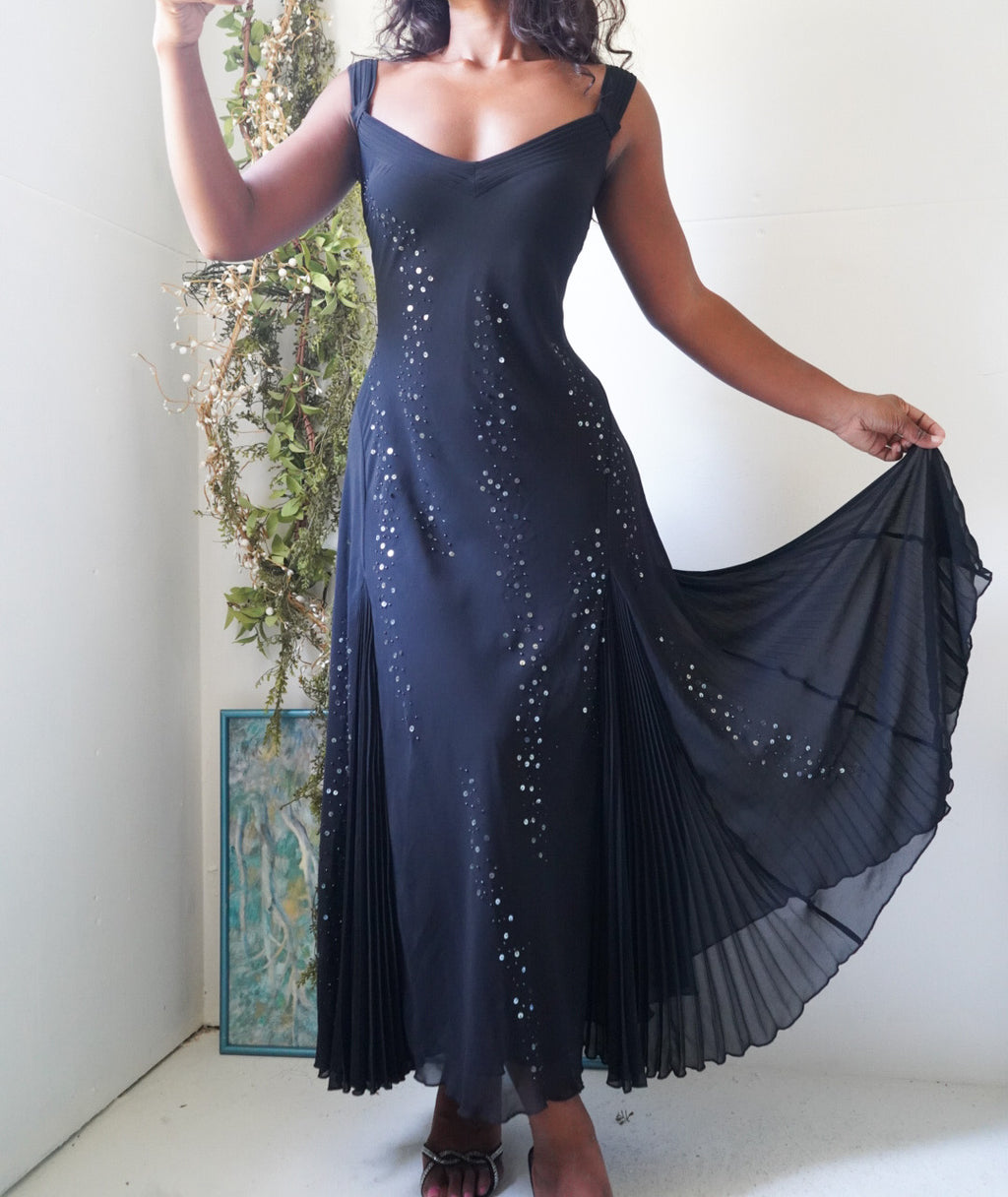 Rare Y2K Black Evening Dress with Pleated Godets