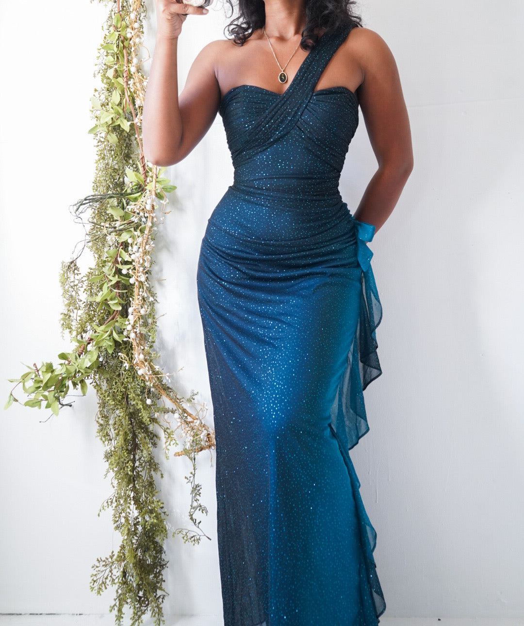 Blue Gradient Glitter One Shoulder Gown
