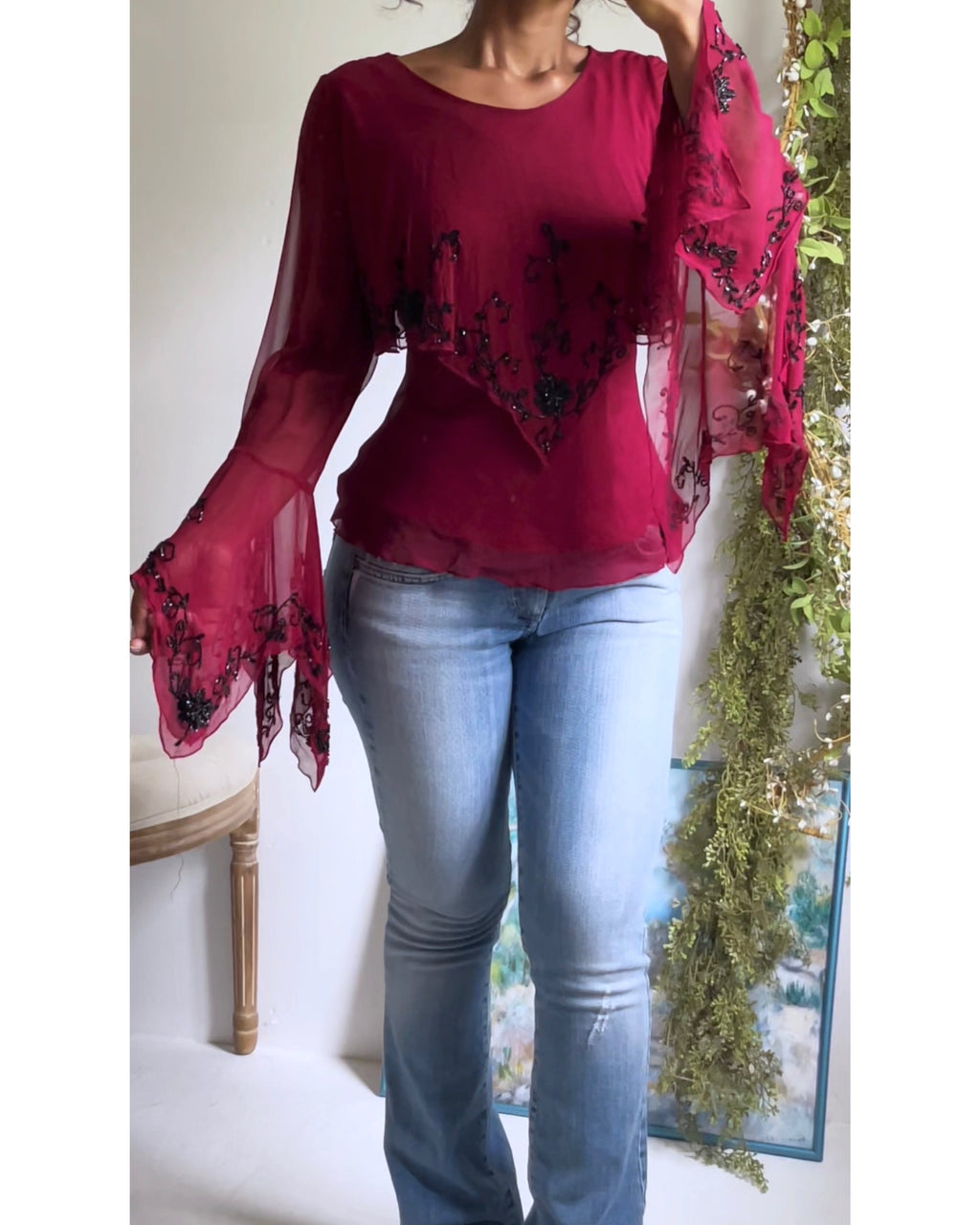 Rare Vintage Y2K Crimson Silk Beaded Flare Sleeve Top