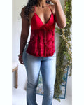 Y2K Red Burnout Velvet Split Front Reworked Top