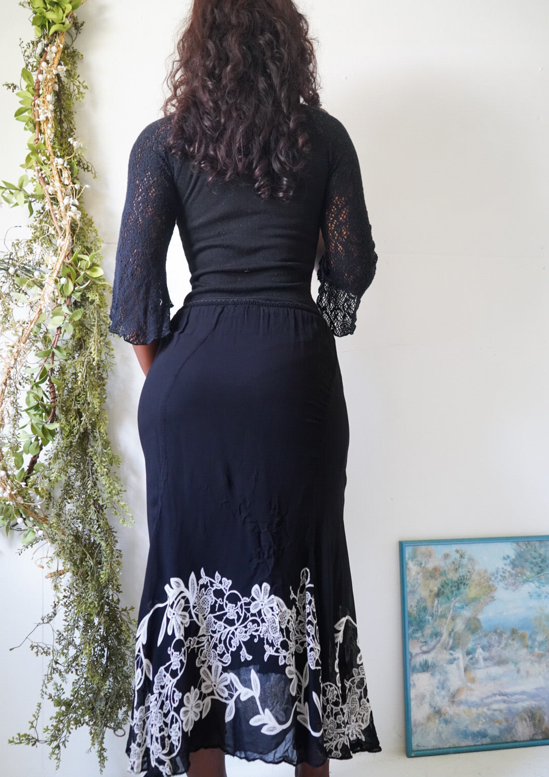 Y2K Black Maxi Skirt with White Florals