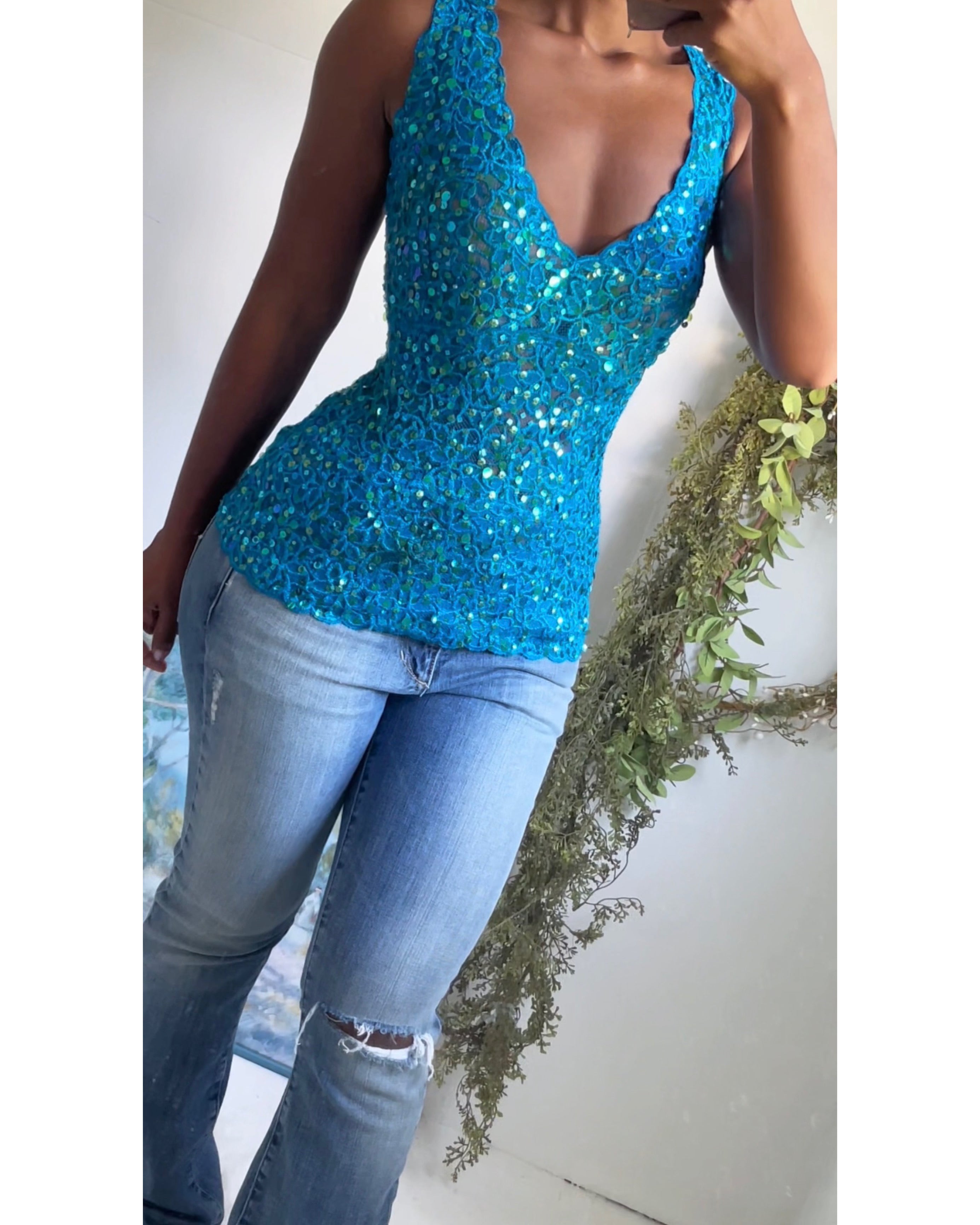 Y2K Sequin Lace Teal Top