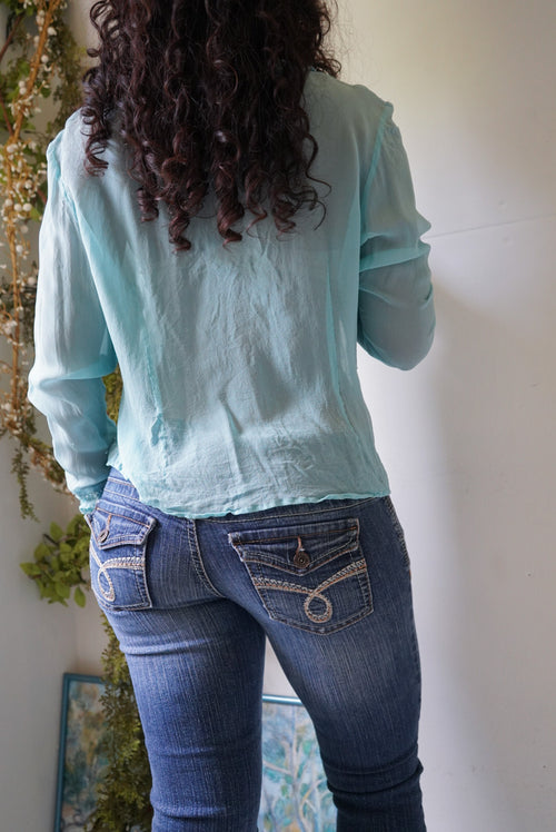 Y2K Turquoise Silk Beaded Collared Shirt