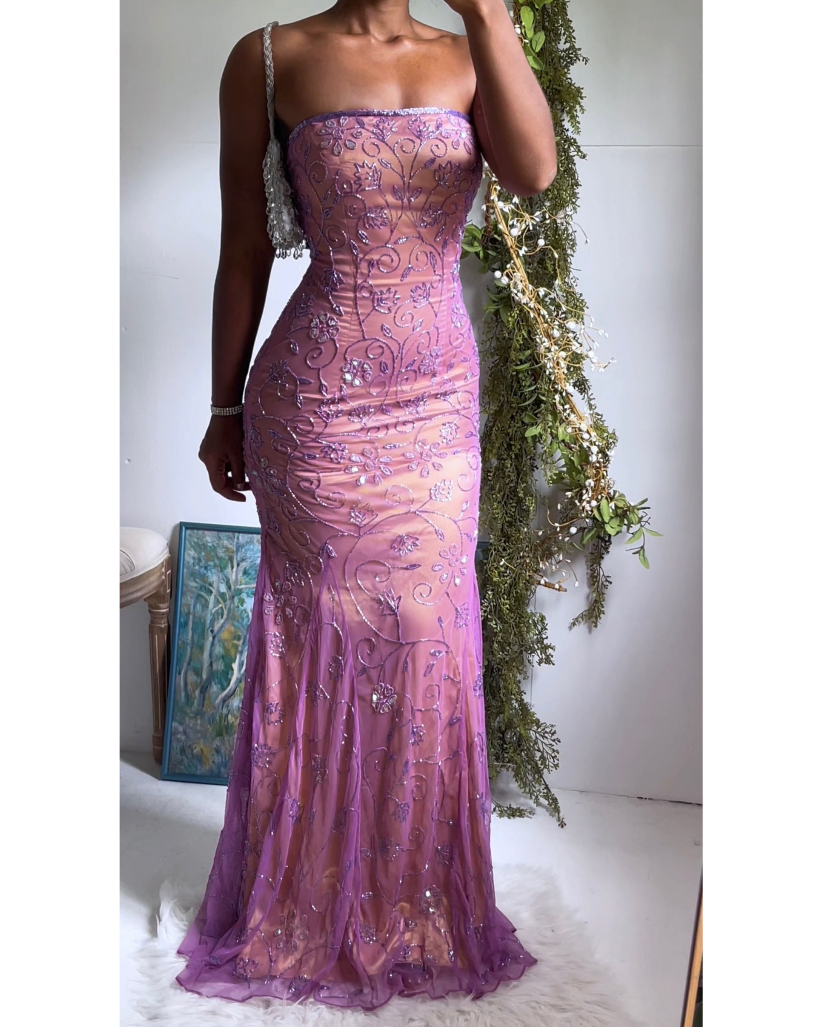 Rare Vintage Y2K Silk Beaded Strapless Gown