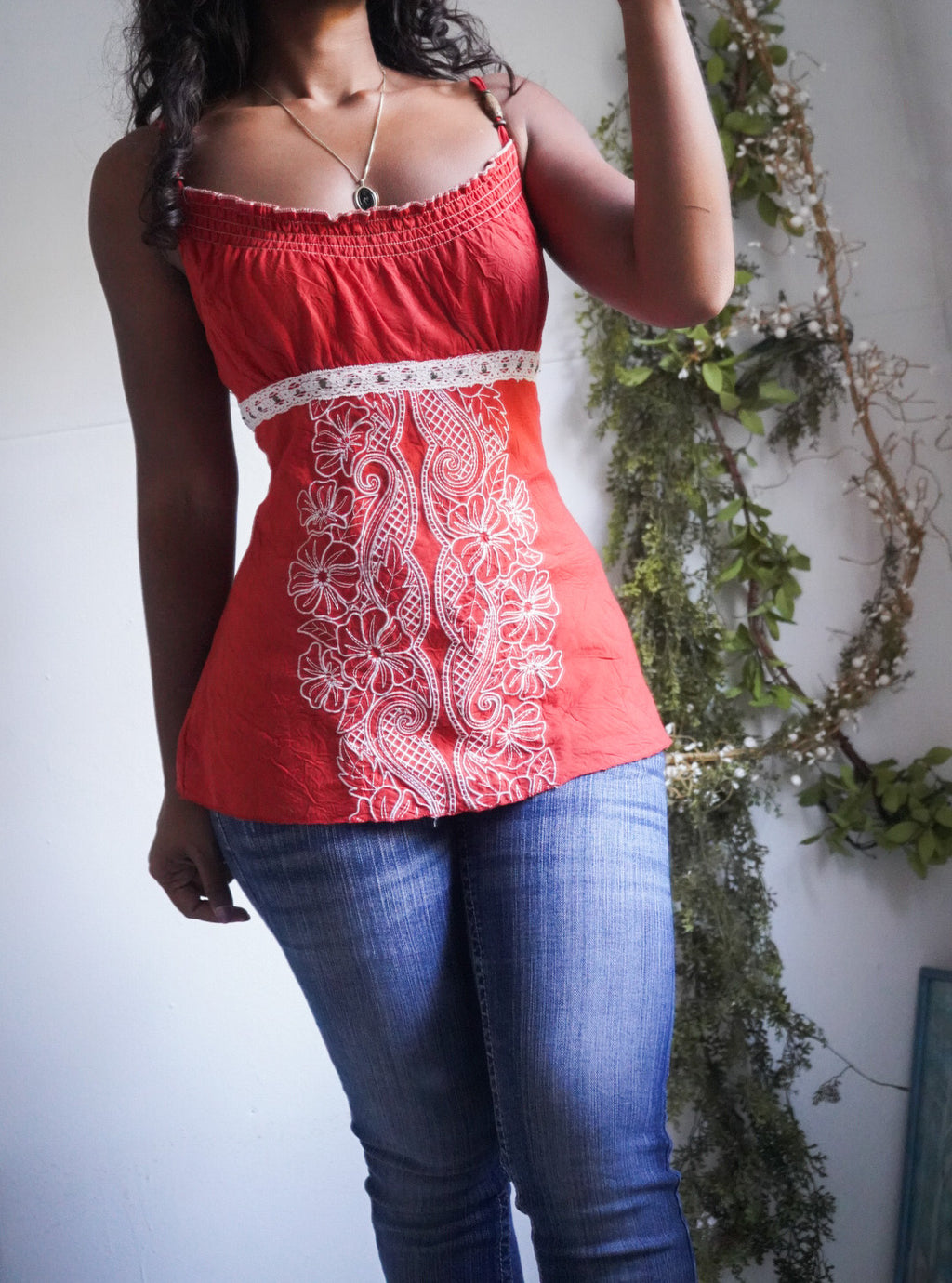 Y2K Burnt Orange Textured Milkmaid Top