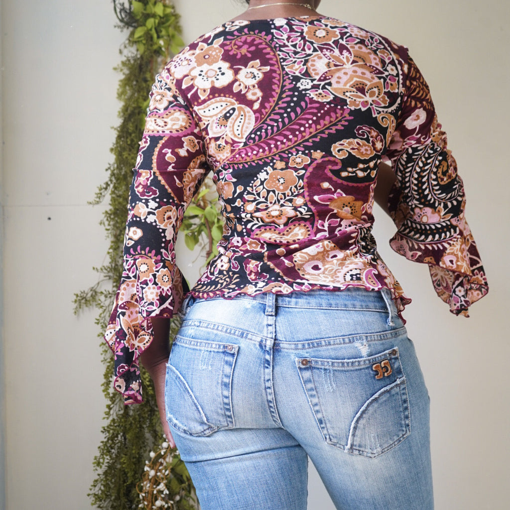 Boho Paisley Print Ruffle Sleeve Top