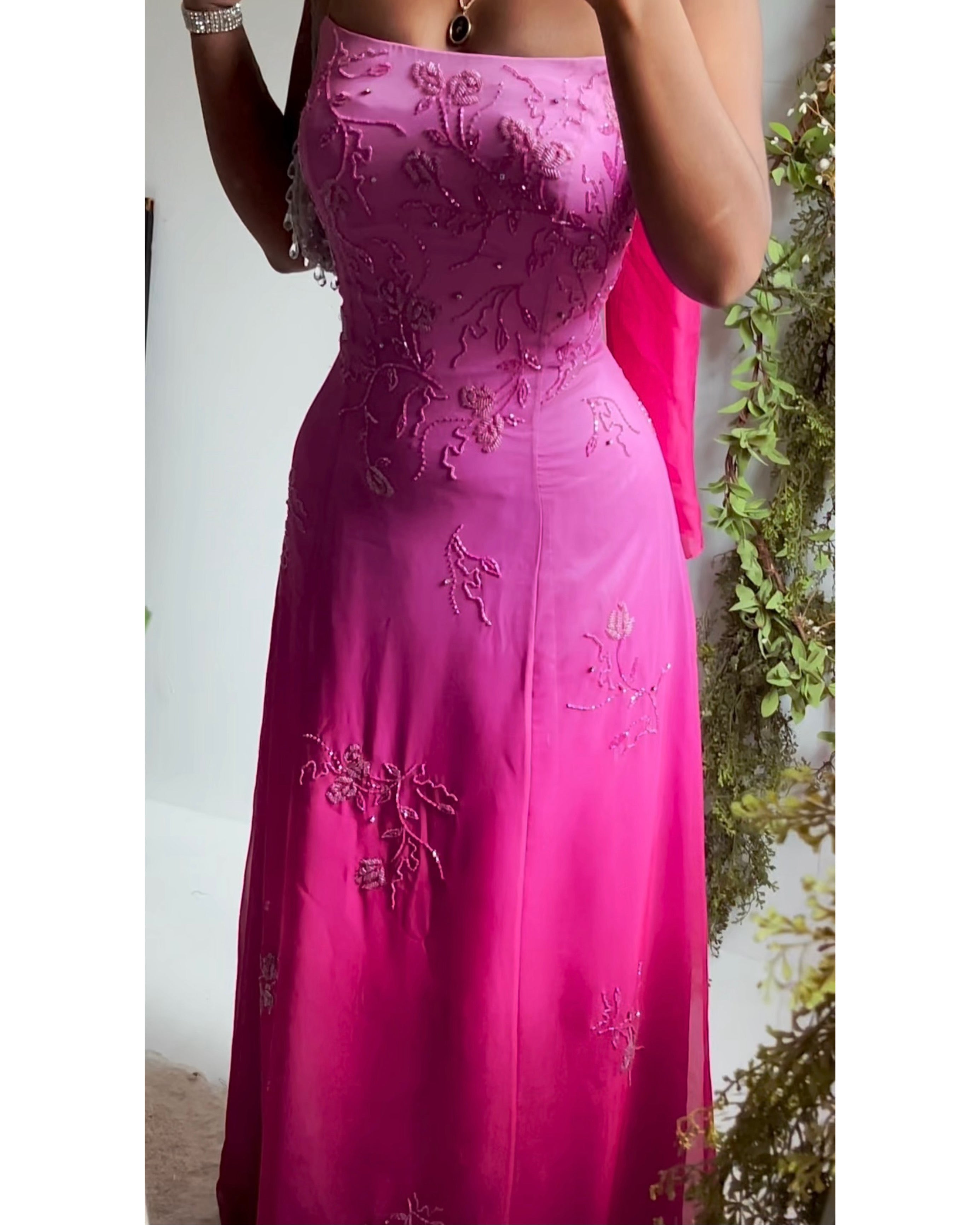 Rare Ombre Pink Beaded Gown with Sash