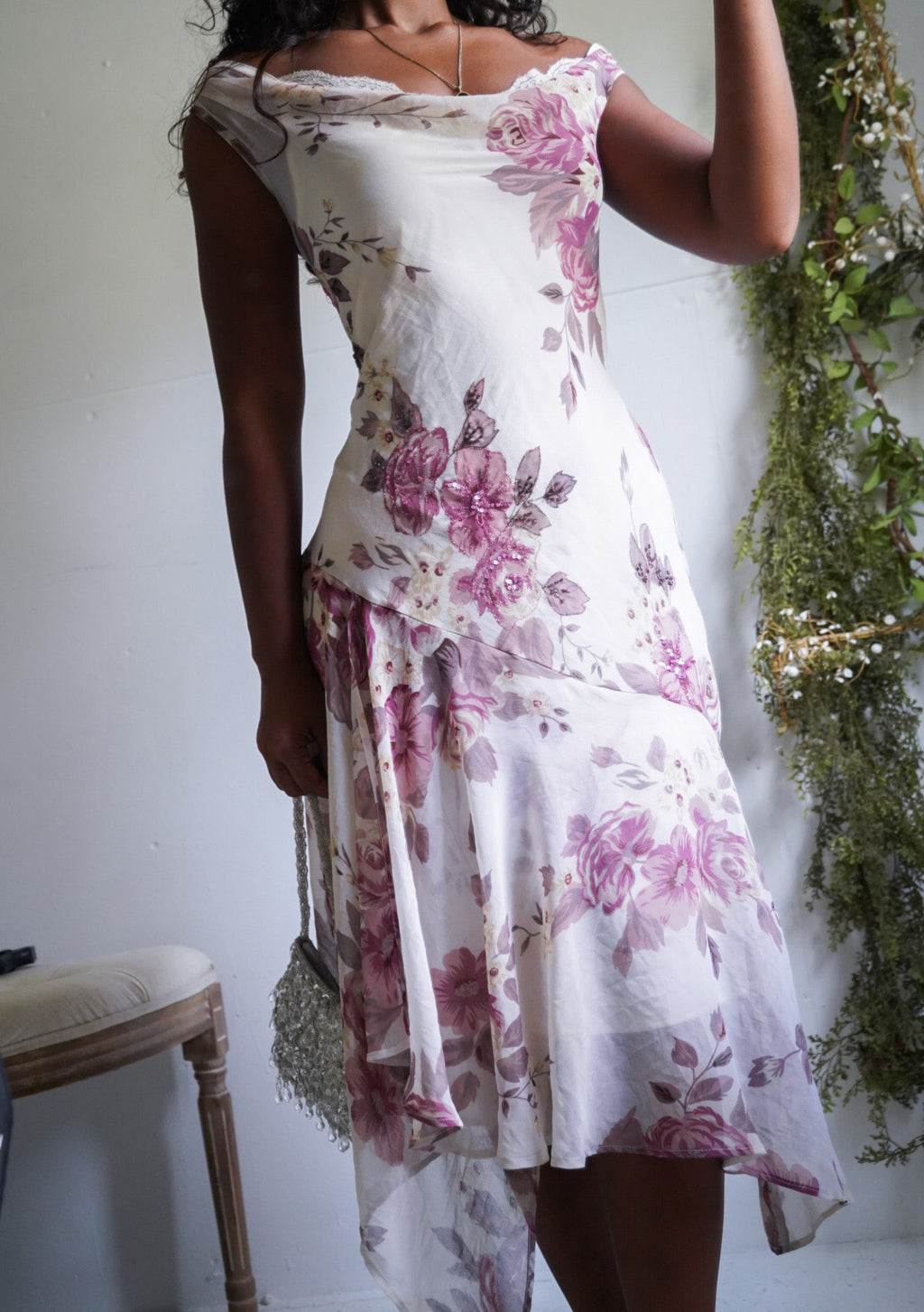 Y2K Cream Romantic Floral Fairy Hem Dress