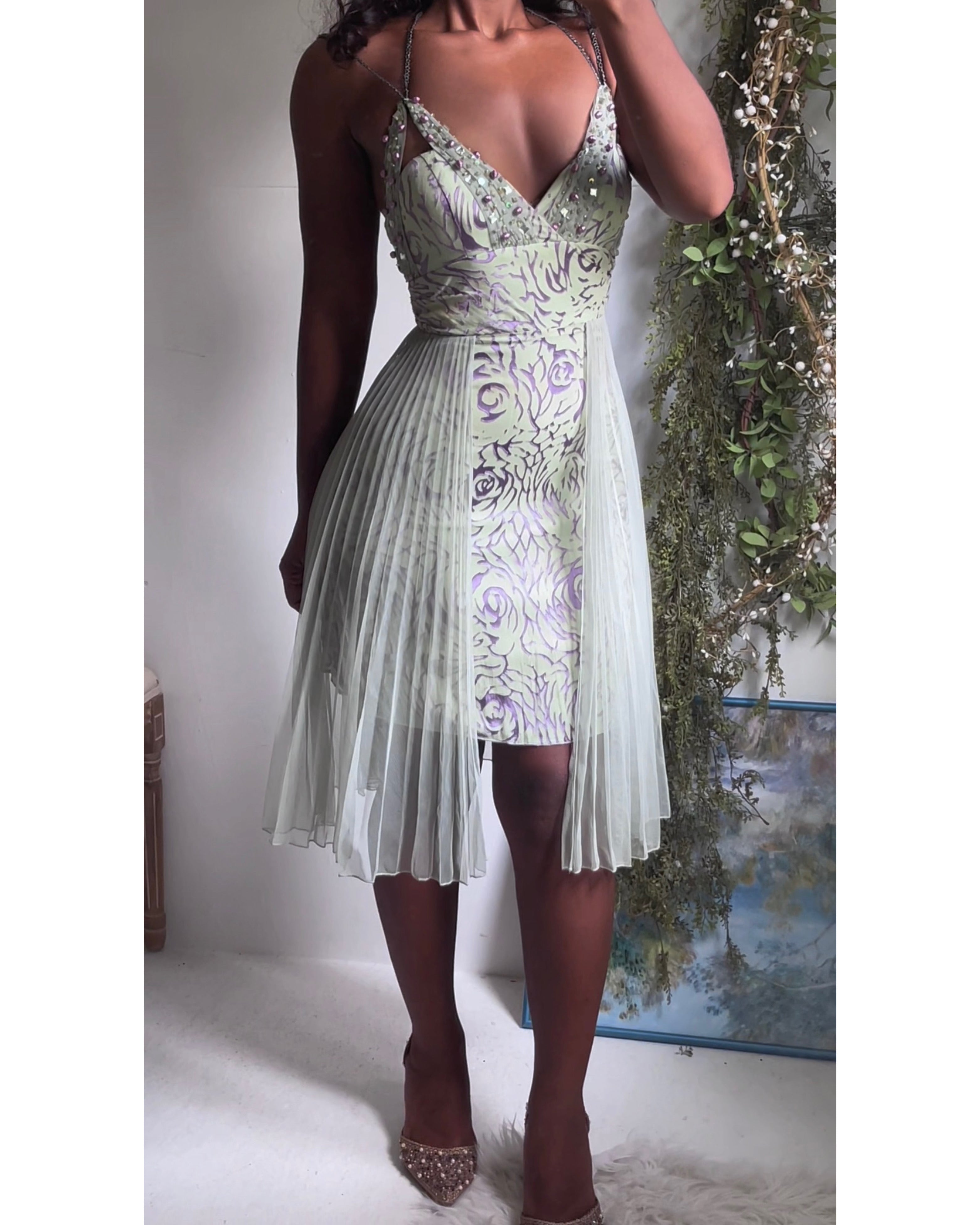 Y2K Silk Devore Mini Dress With Layered Pleat Skirt