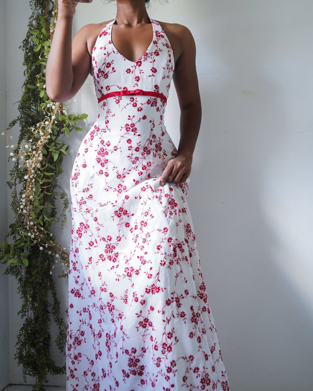 Rare Y2K Red and White Floral Halter Gown