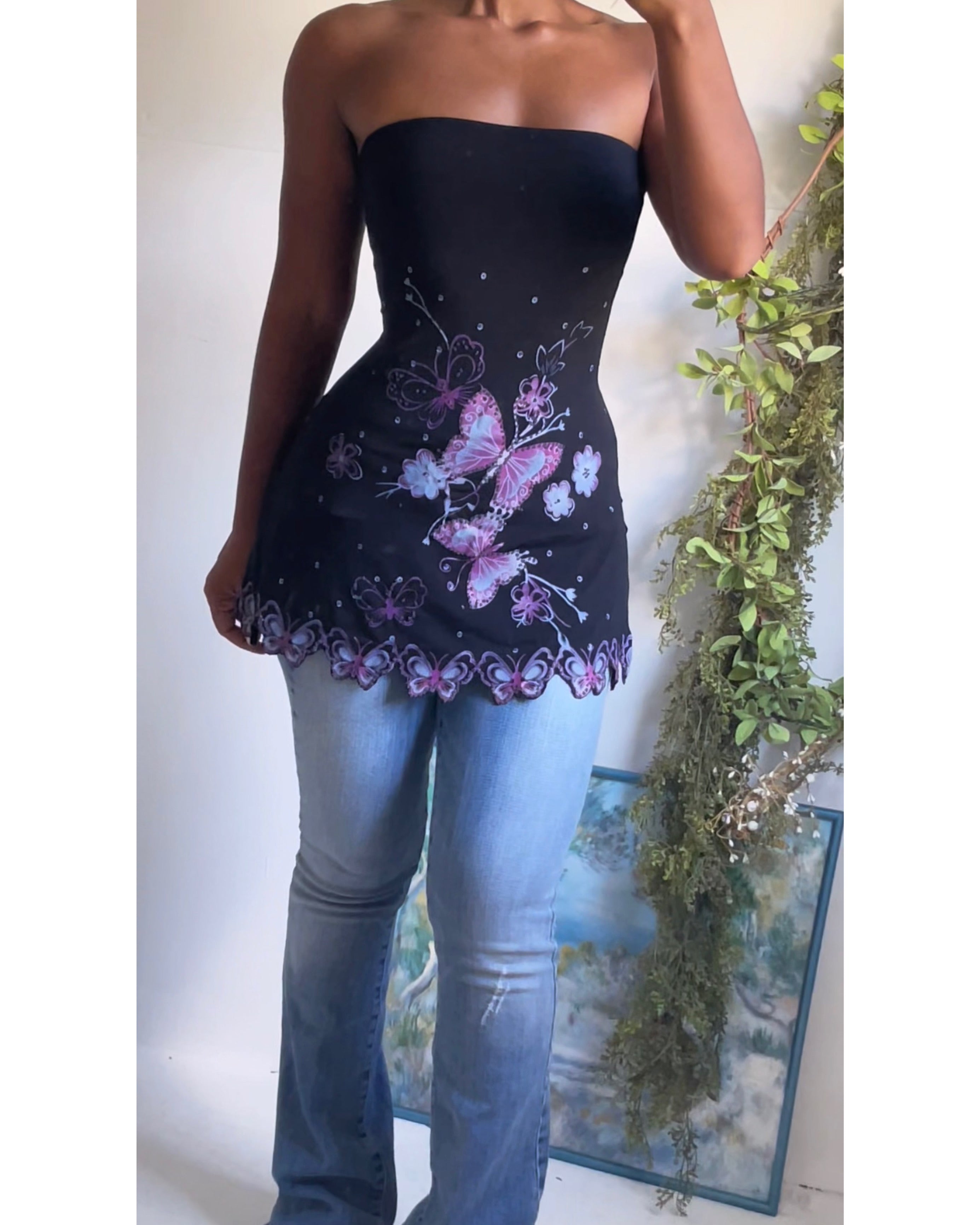 Rare Y2K Butterfly Hem Strapless Top