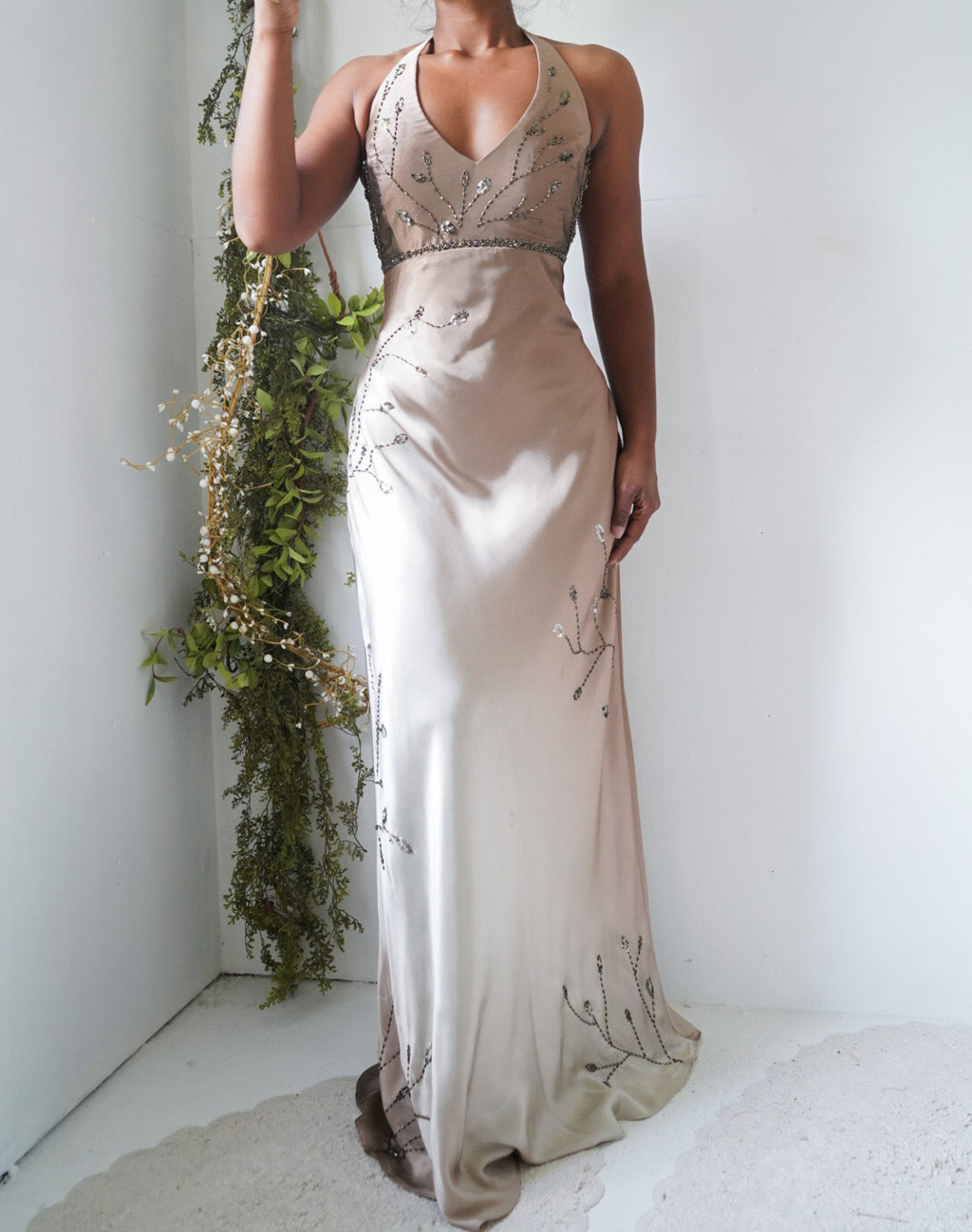 Rare Vintage Y2K Tan/Beige Halter Ombre Beaded Gown