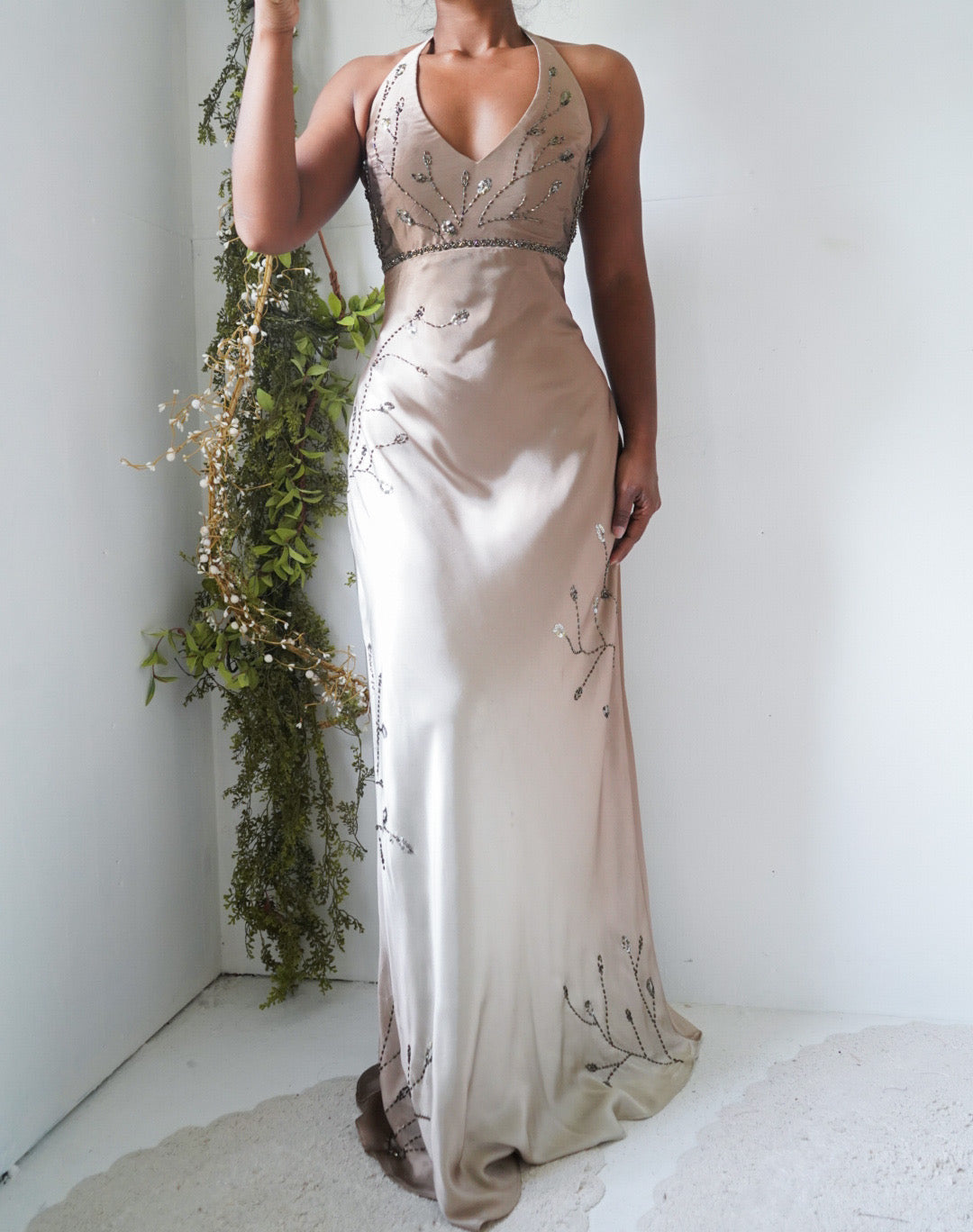 Rare Vintage Y2K Tan/Beige Halter Ombre Beaded Gown