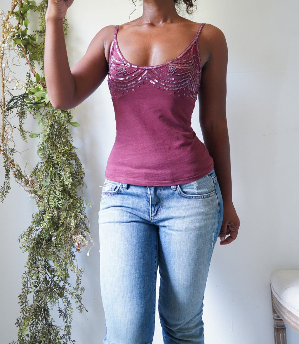 Y2K Maroon Beaded Neckline Cami
