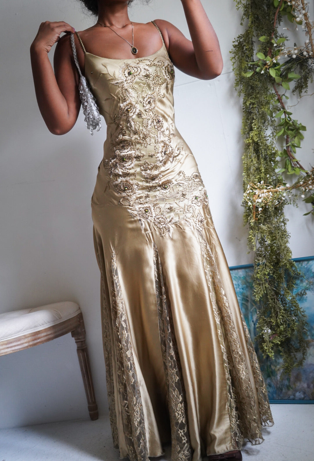 Rare Y2K Sue Wong Nocturne Sage Silk and Lace Beaded Gown