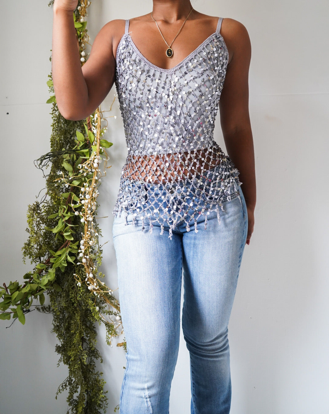 Y2K Silver Sequin Crochet Cami