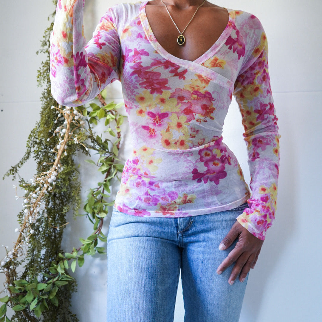 Mesh Floral Tie Back Long Sleeve Top