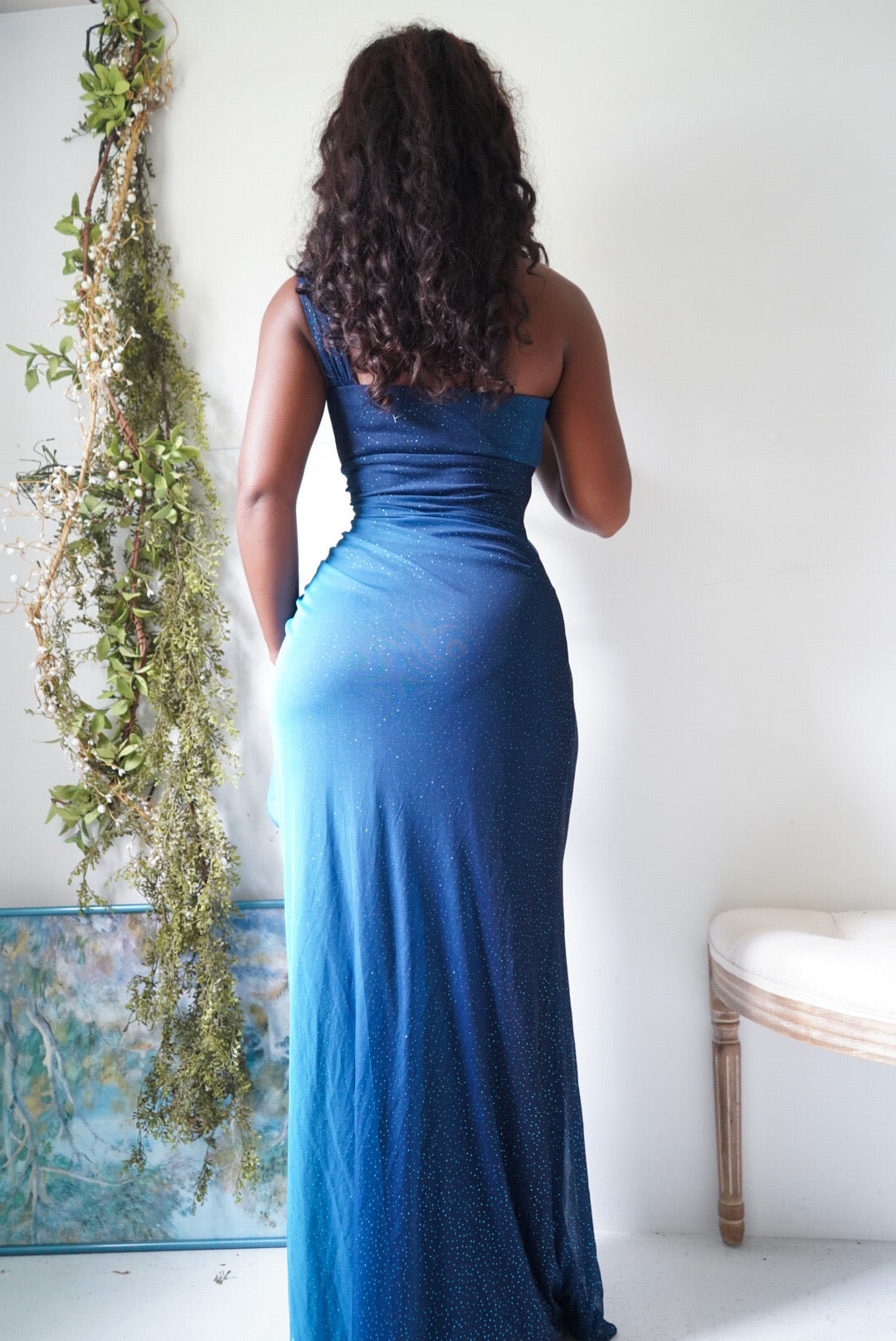 Y2K Blue Gradient Glitter One Shoulder Gown