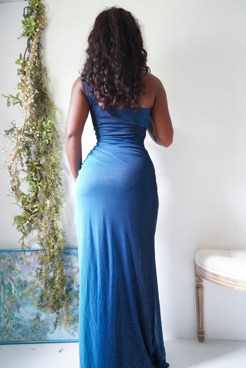 Y2K Blue Gradient Glitter One Shoulder Gown