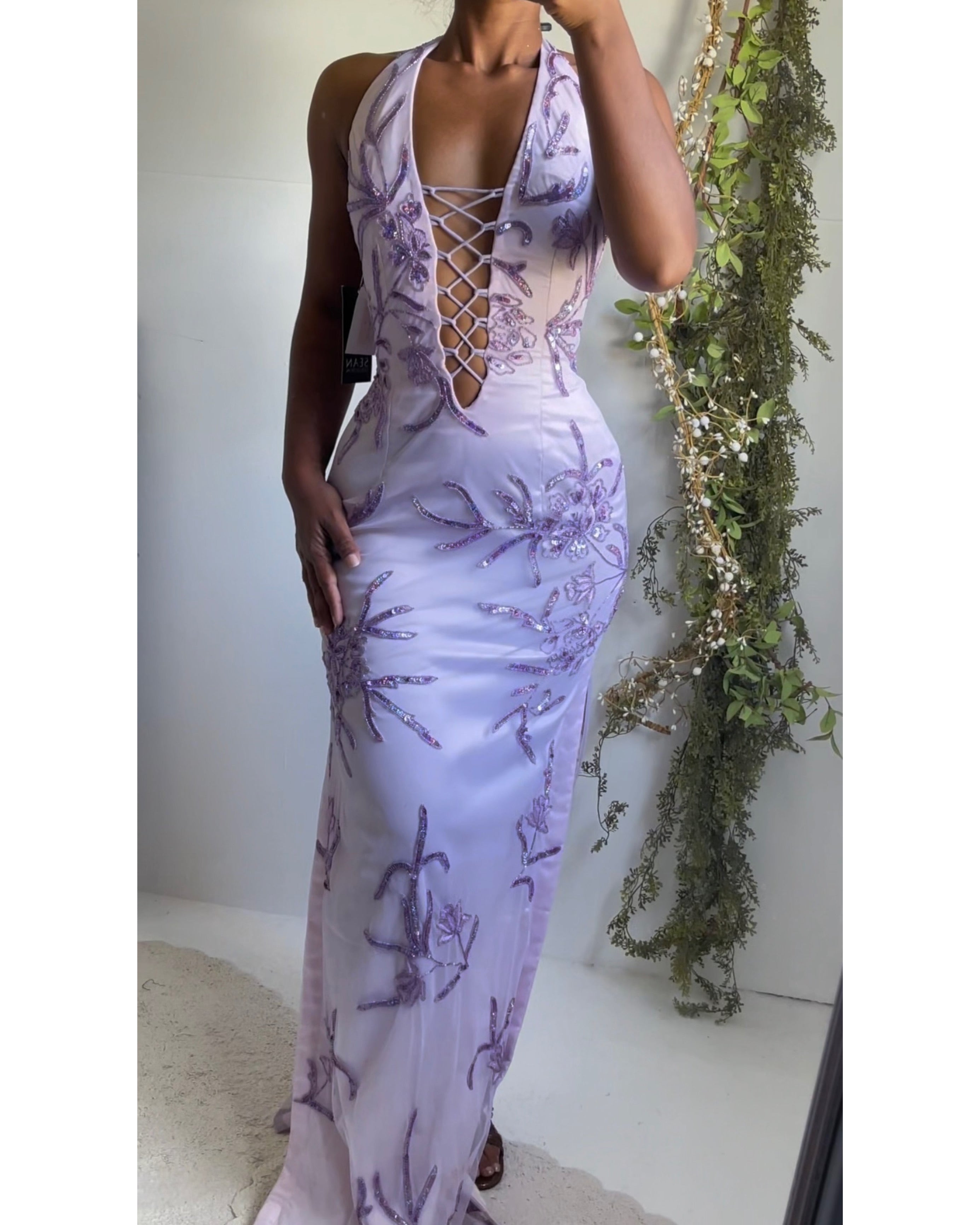 Vintage Y2K Lavender Halter Lace Up Gown