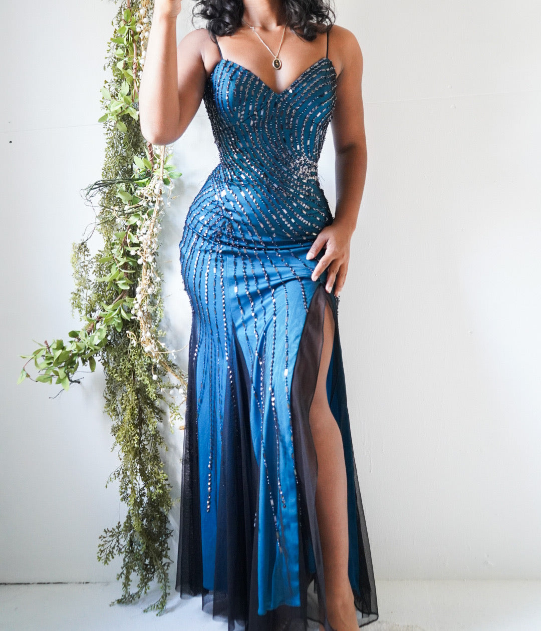 Y2K Teal and Black Layered Backless Gown