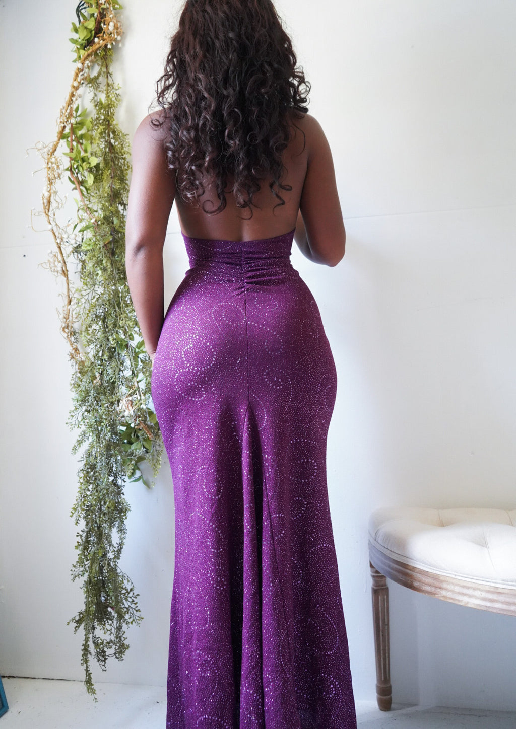 Y2K Purple Glitter Halter Gown