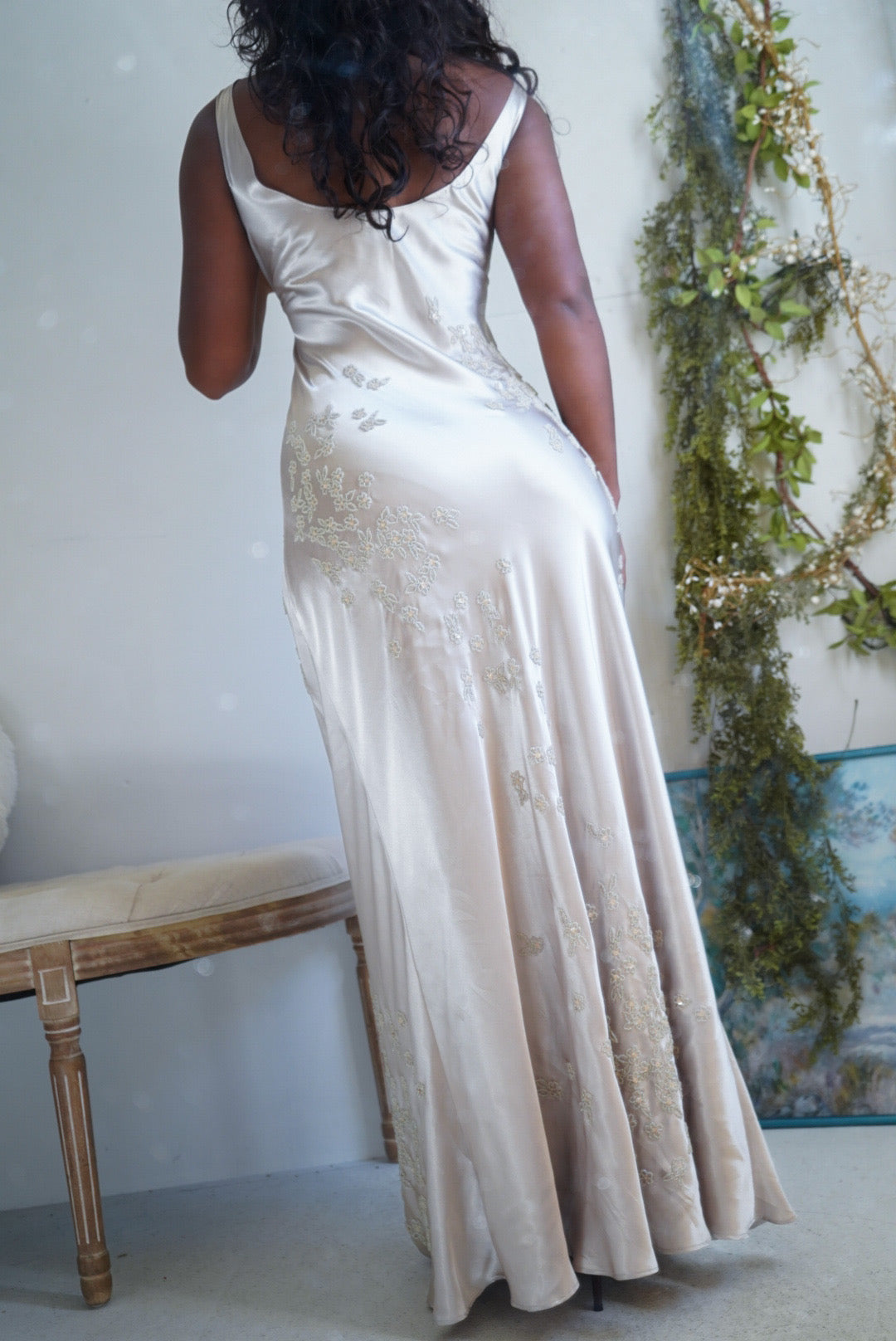 Rare Vintage Pearl Liquid Satin Beaded Gown