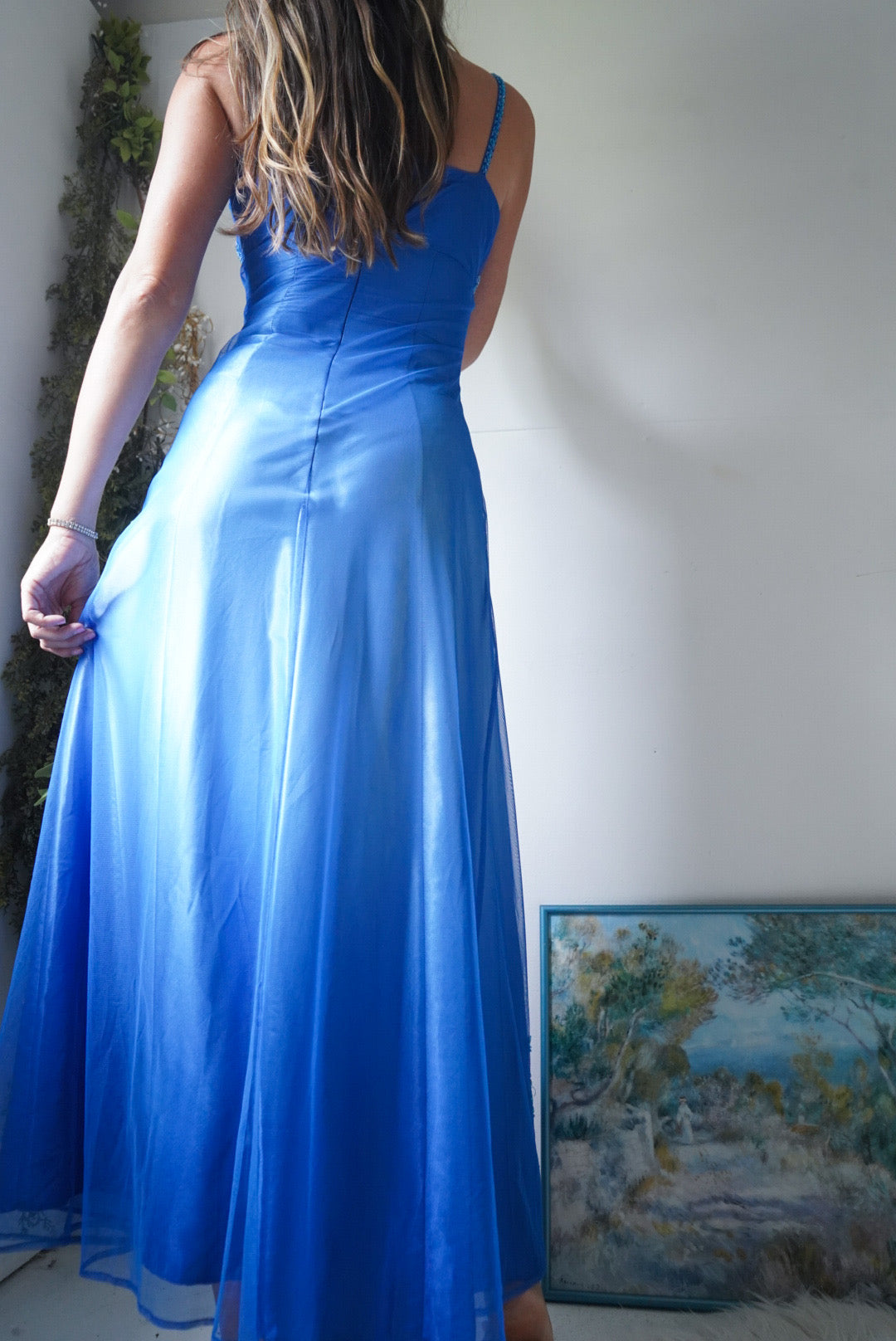 Y2k Ombre Blue Beaded Split Front Gown