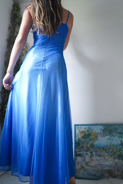 Y2k Ombre Blue Beaded Split Front Gown