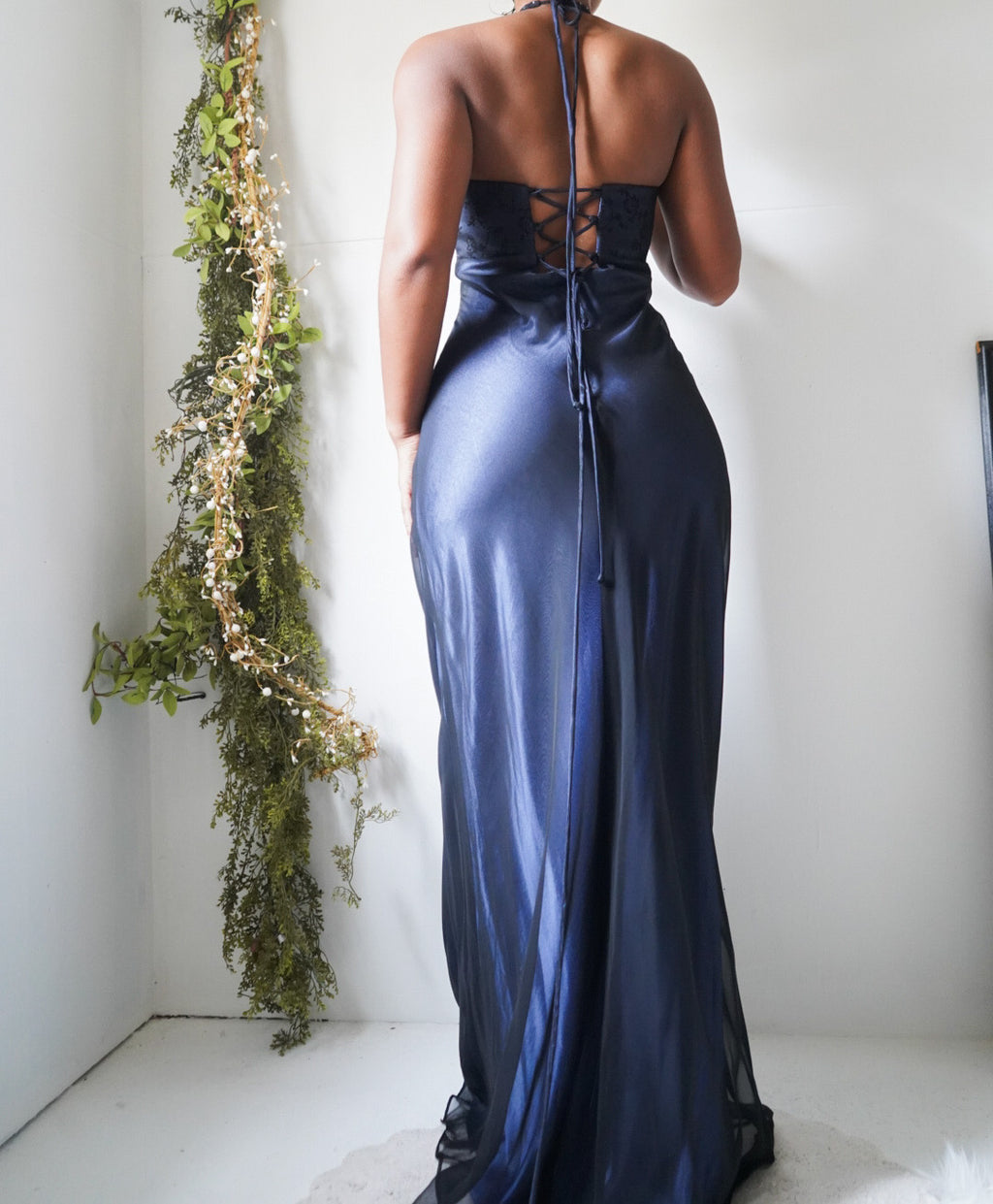 Vintage Y2K Dusty Blue and Black Layered Halter Gown
