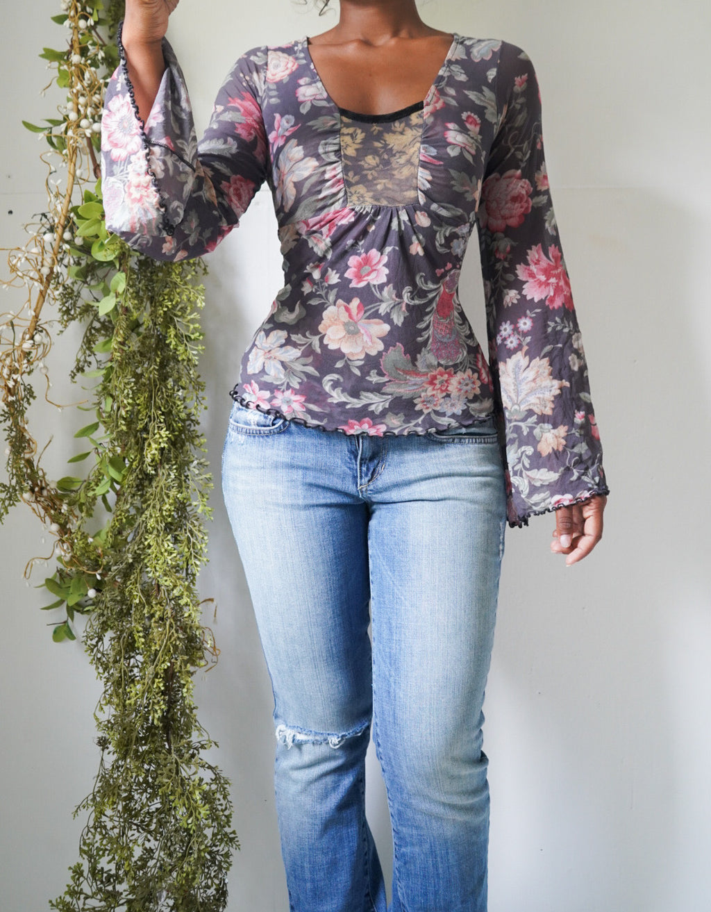 Y2K Romantic Mesh Flare Sleeve Top