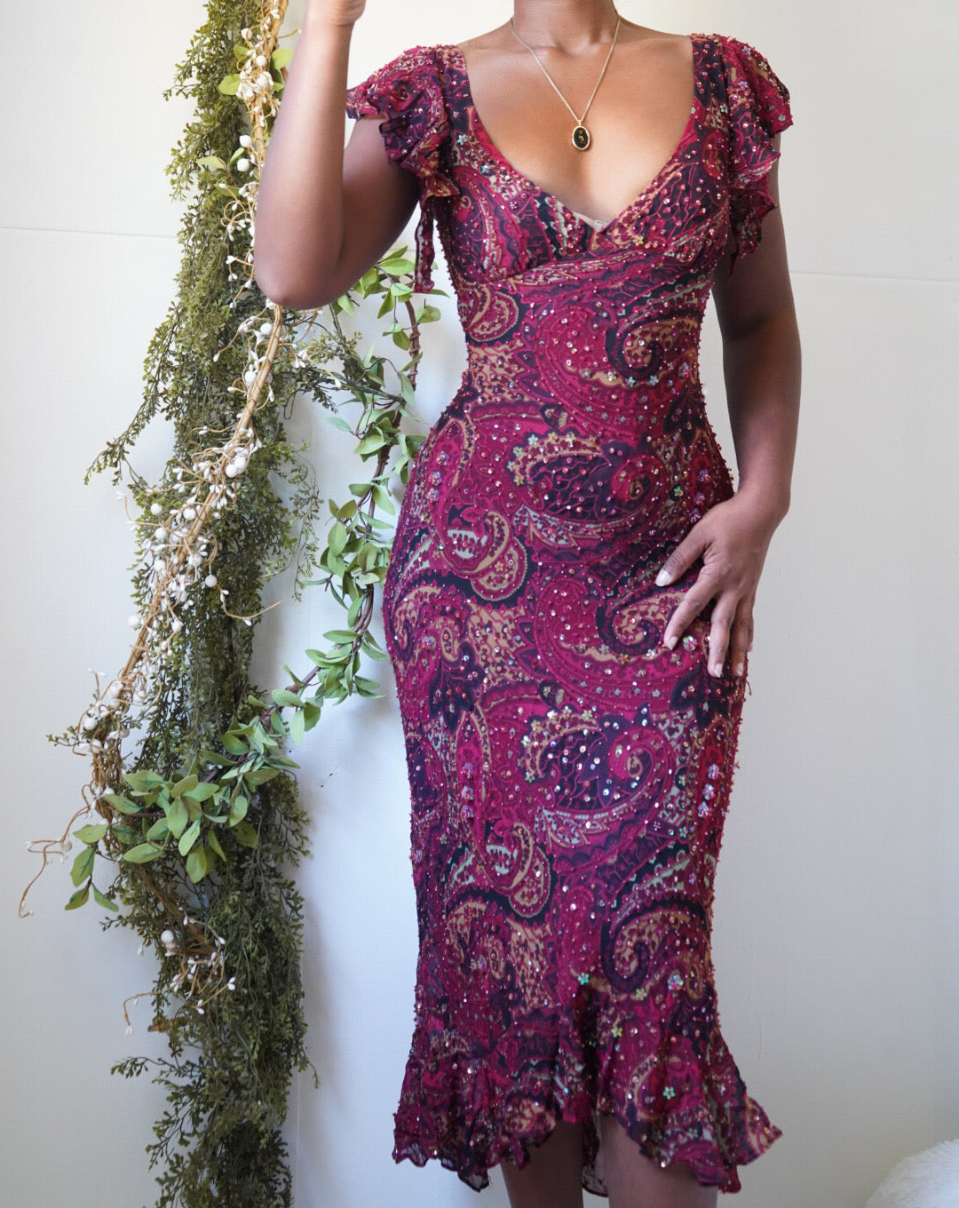 Rare Vintage Boho Paisley Beaded Midi Dress