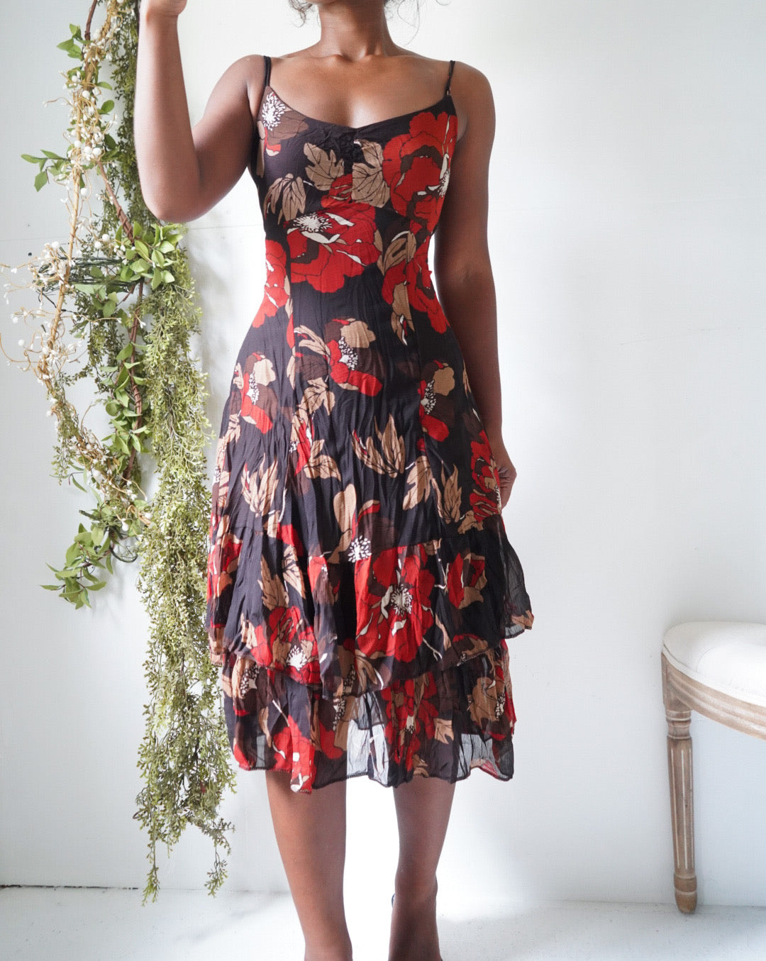 Y2K Dark Brown Autumn Floral Crinkle Dress