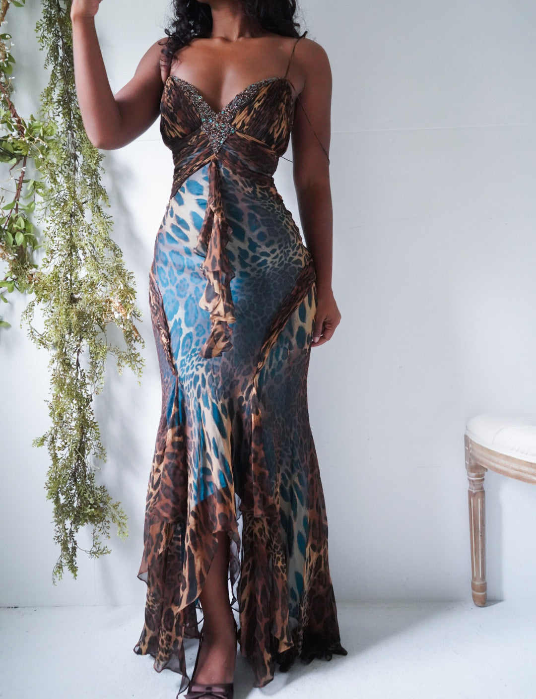 Y2K Silk Brown and Teal Animal Print Gown