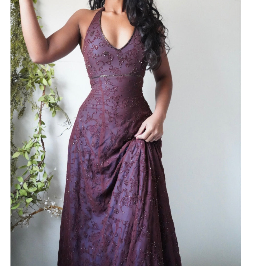 Brown and Turquoise Layered Beaded Halter Gown