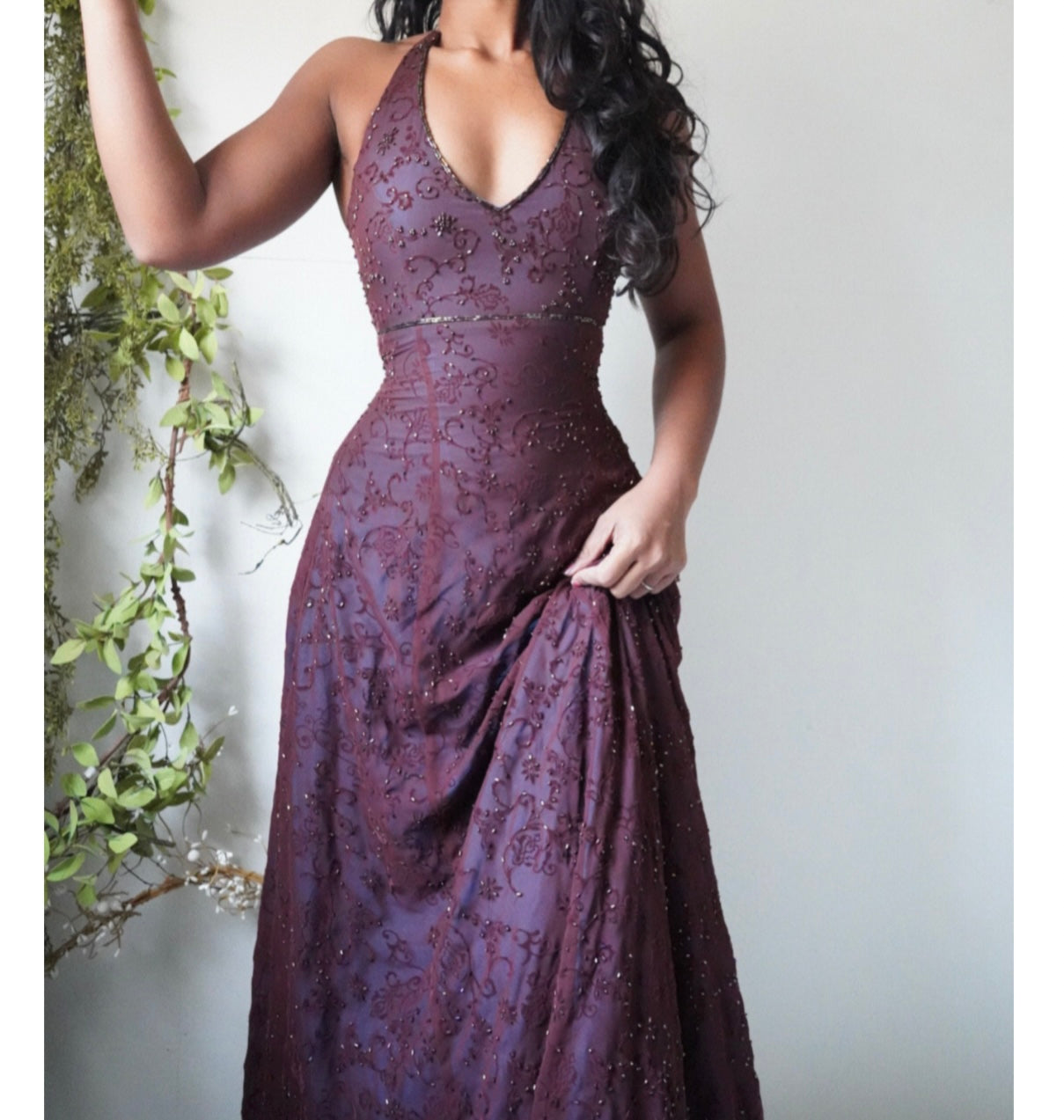 Brown and Turquoise Layered Beaded Halter Gown