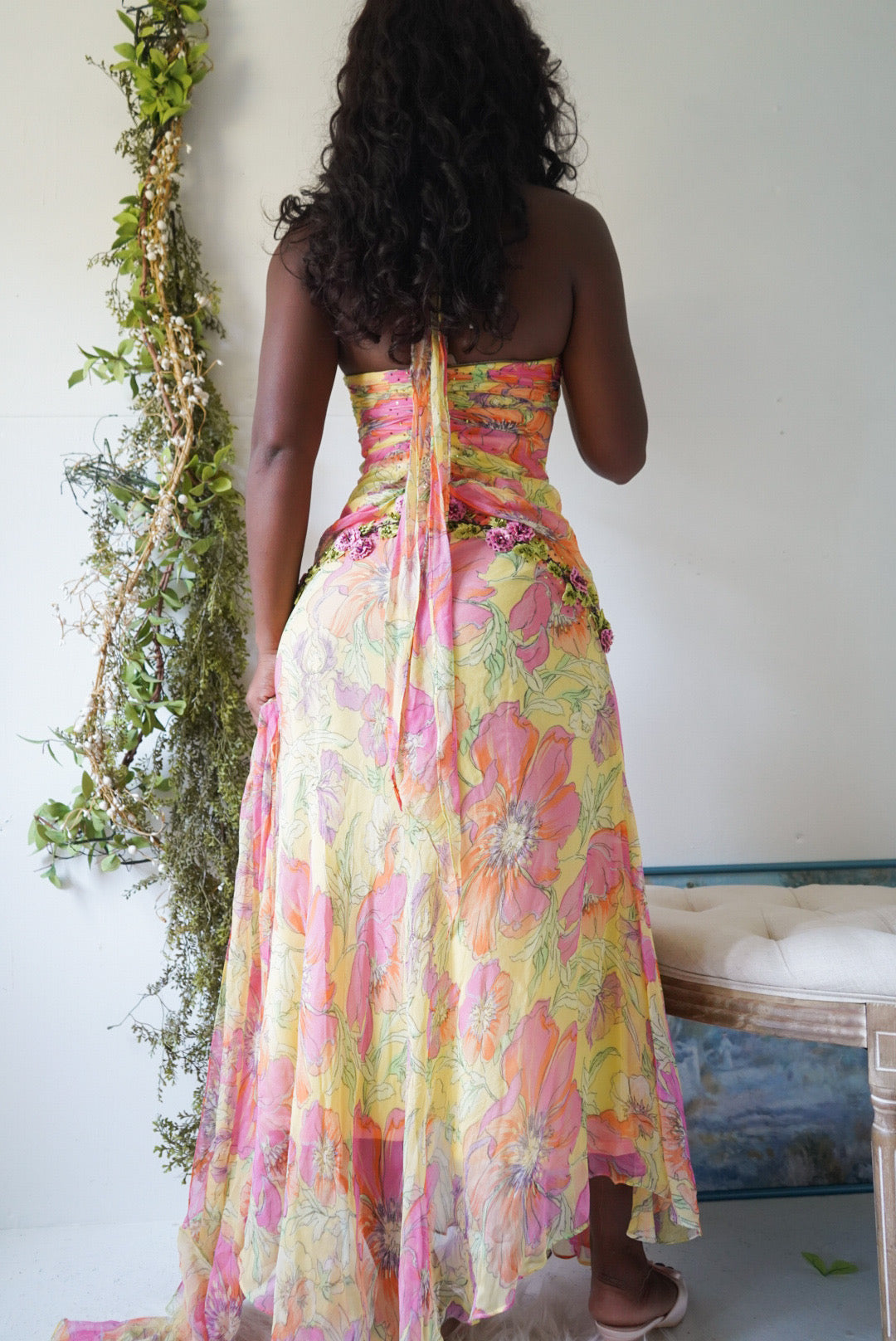 Rare Y2K Silk Yellow Fairy Floral Gown with Sash